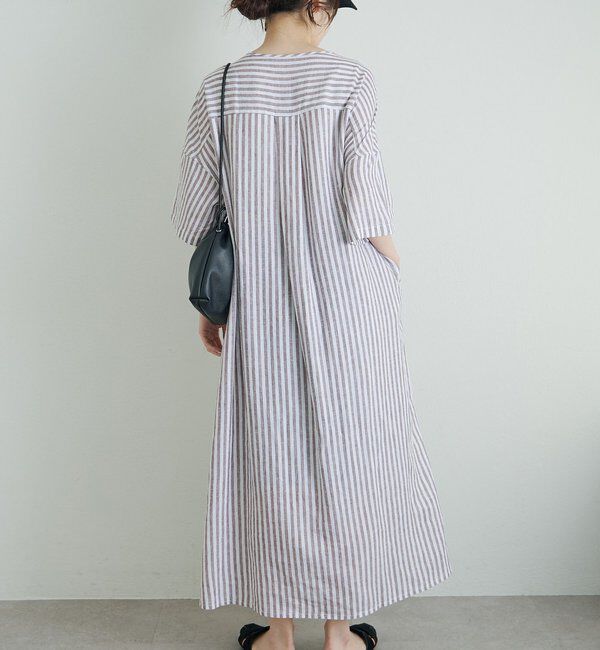  「麻レーヨンストライプヘンリーネックワンピース」|ワンピース|
