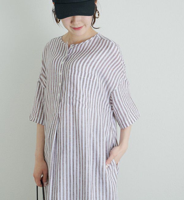  「麻レーヨンストライプヘンリーネックワンピース」|ワンピース|