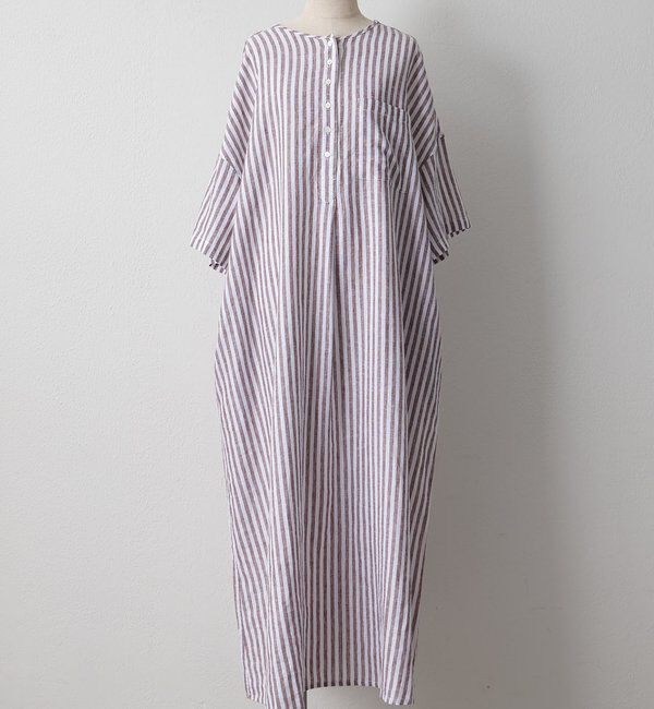  「麻レーヨンストライプヘンリーネックワンピース」|ワンピース|