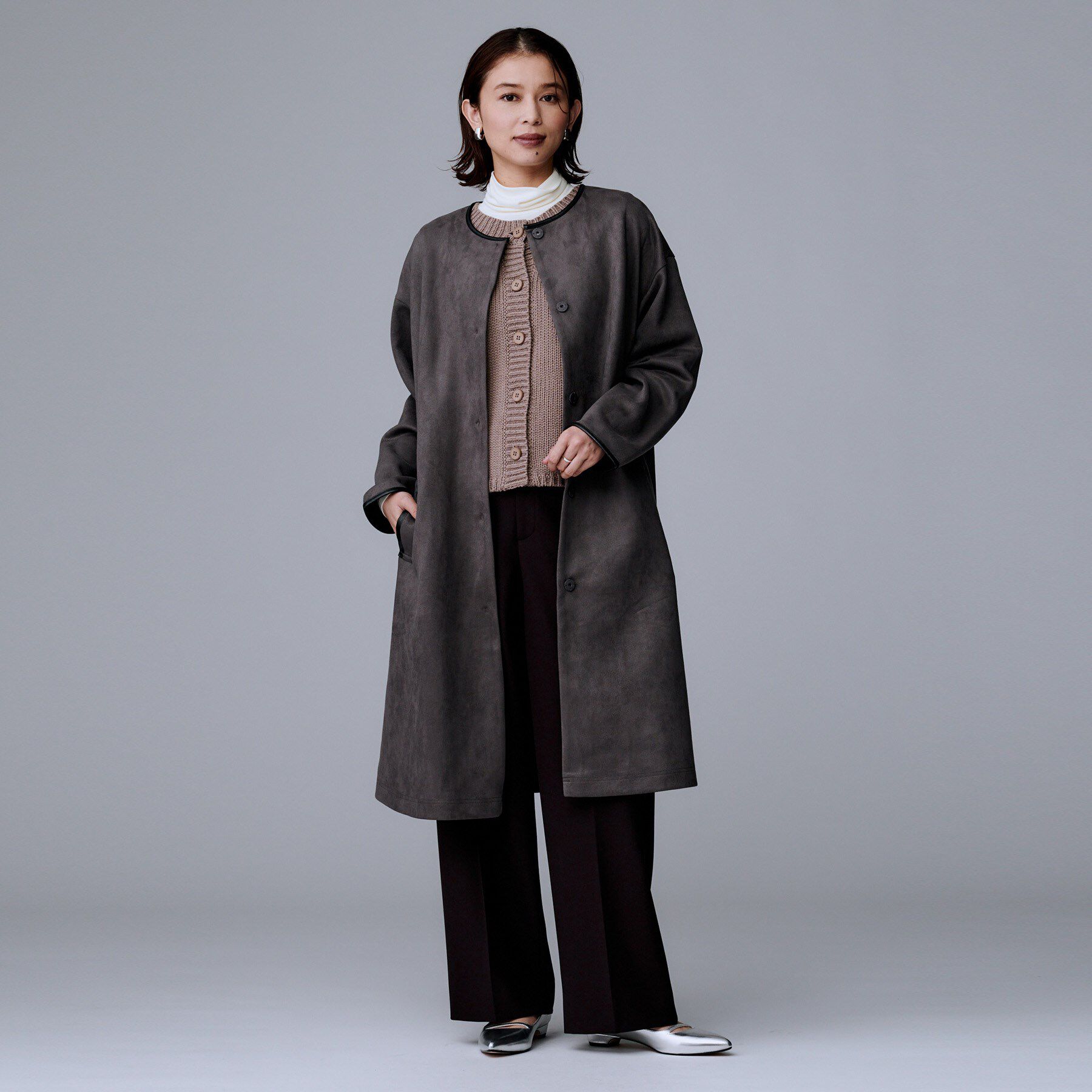 UNTITLED「【洗える/軽羽織り】マシュマロタッチ　スエード調コート」|ノーカラーコート|