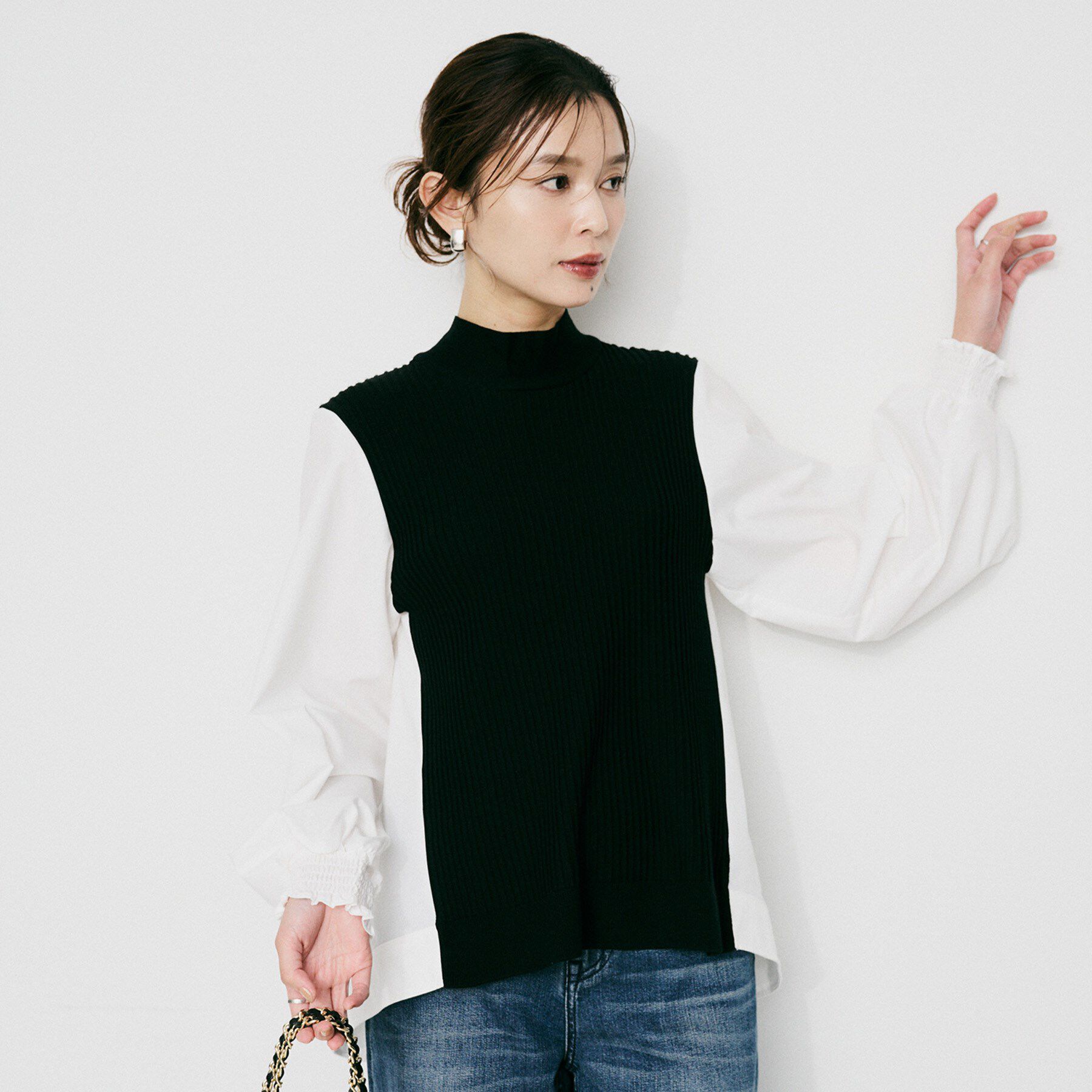 UNTITLED「【TORRAZZO DONNA】ニット&times;ファブリック ハイブリッドブラウス」|シャツ・ブラウス|ブラック(519)