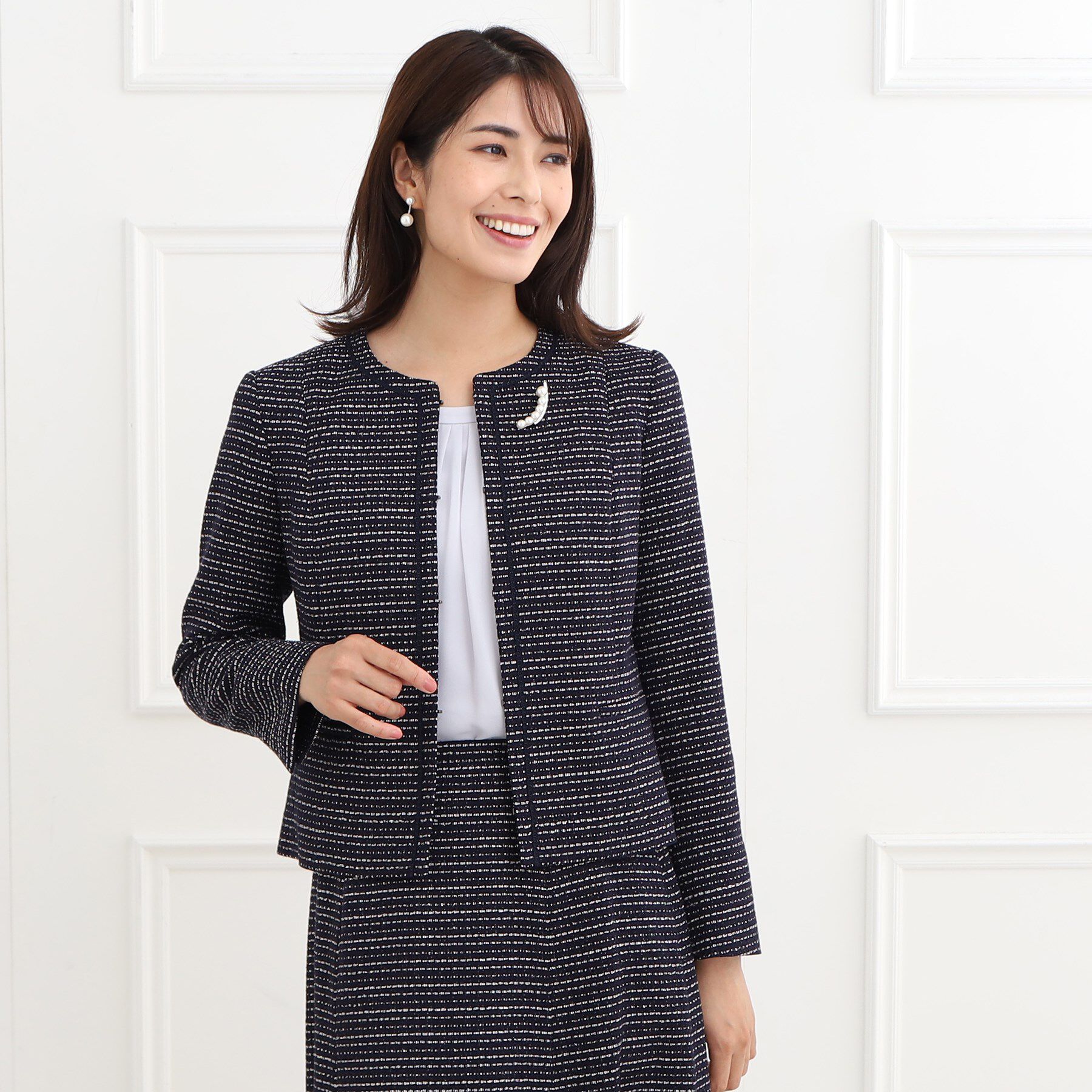 Reflect「【フォーマル/セットアップ可】ツイードジャケット」|ノーカラージャケット|ネイビー(394)