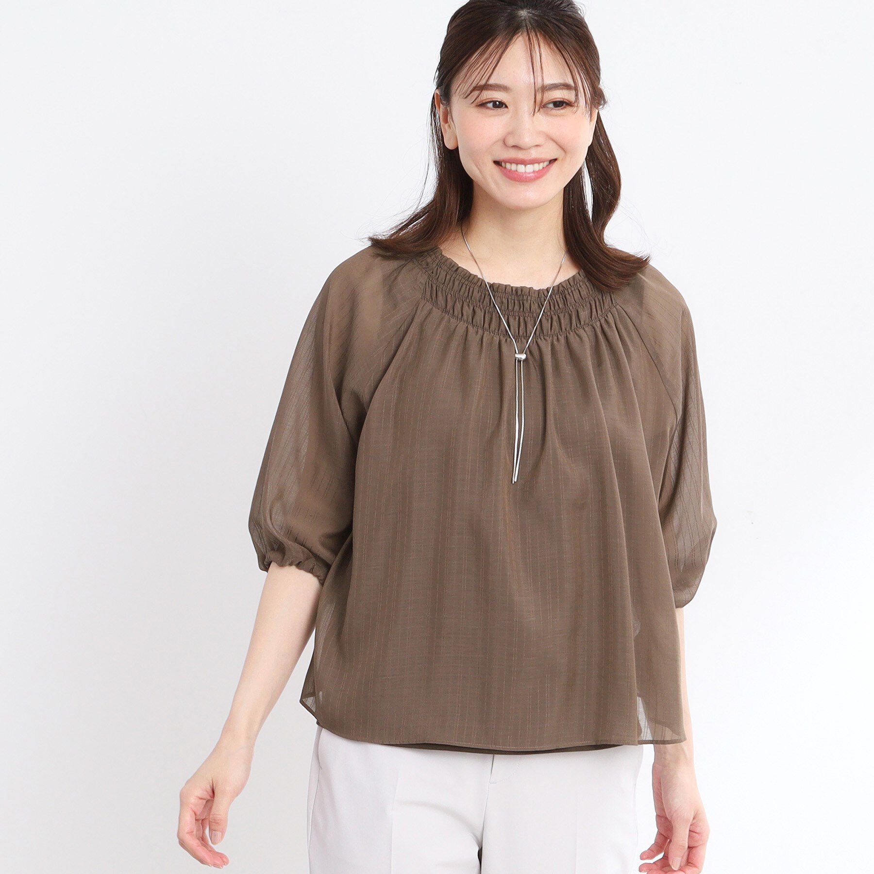 Reflect「【洗える】シャーリングデザインブラウス」|シャツ・ブラウス|モカブラウン(342