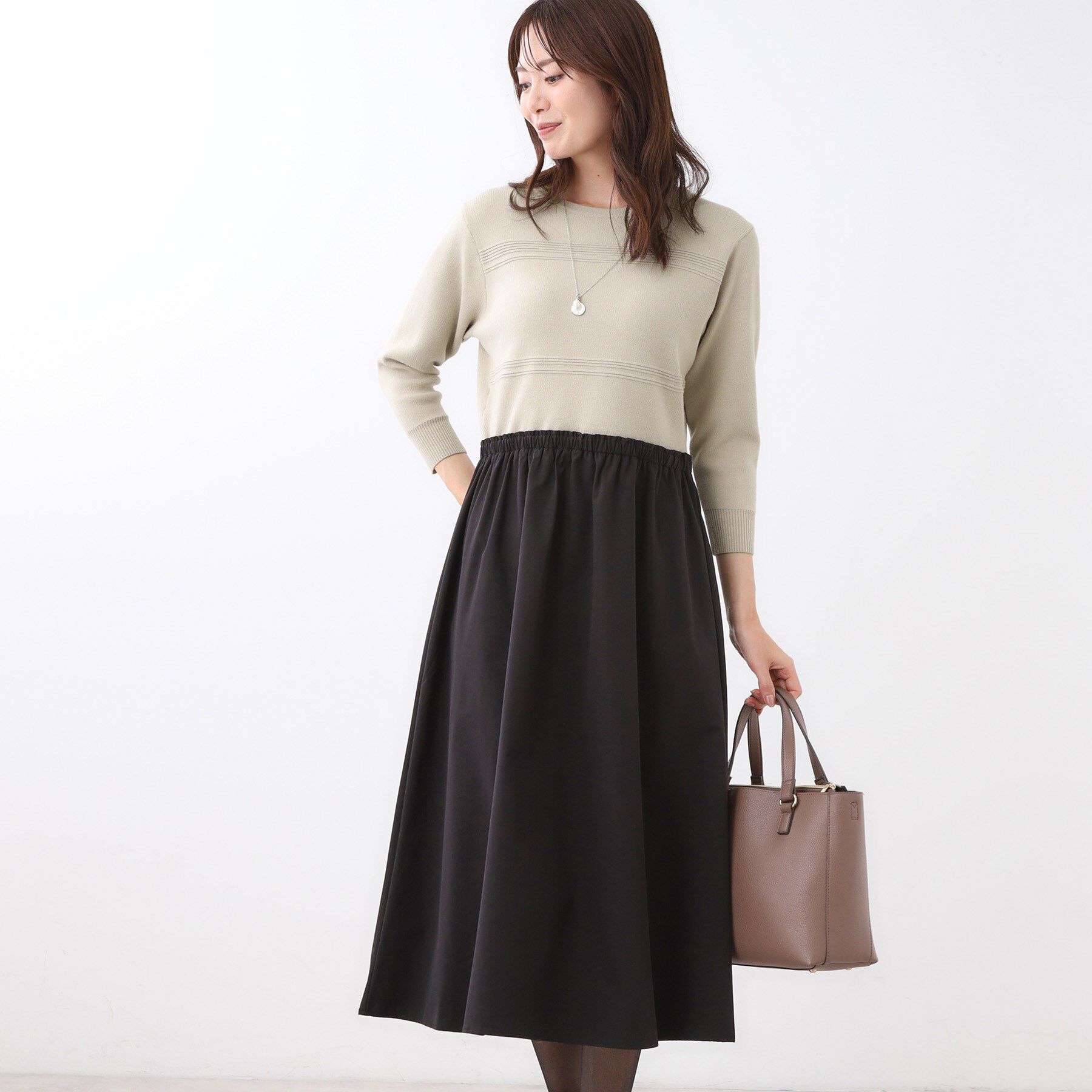 Reflect「【一枚で着映える◎／セットアップ可】ニット&times;タフタドッキングワンピース」|ワンピース|