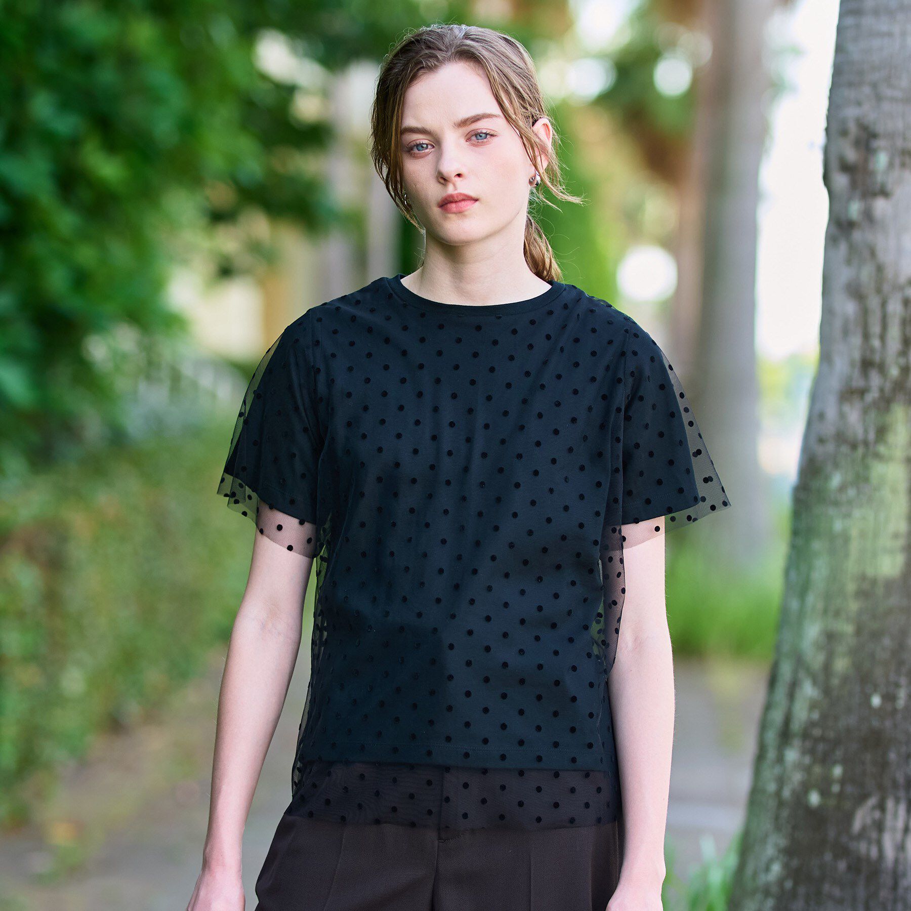 DRESSTERIOR「【洗える／シアー素材】ドットチュールレイヤードTシャツ」|Tシャツ・カットソー|