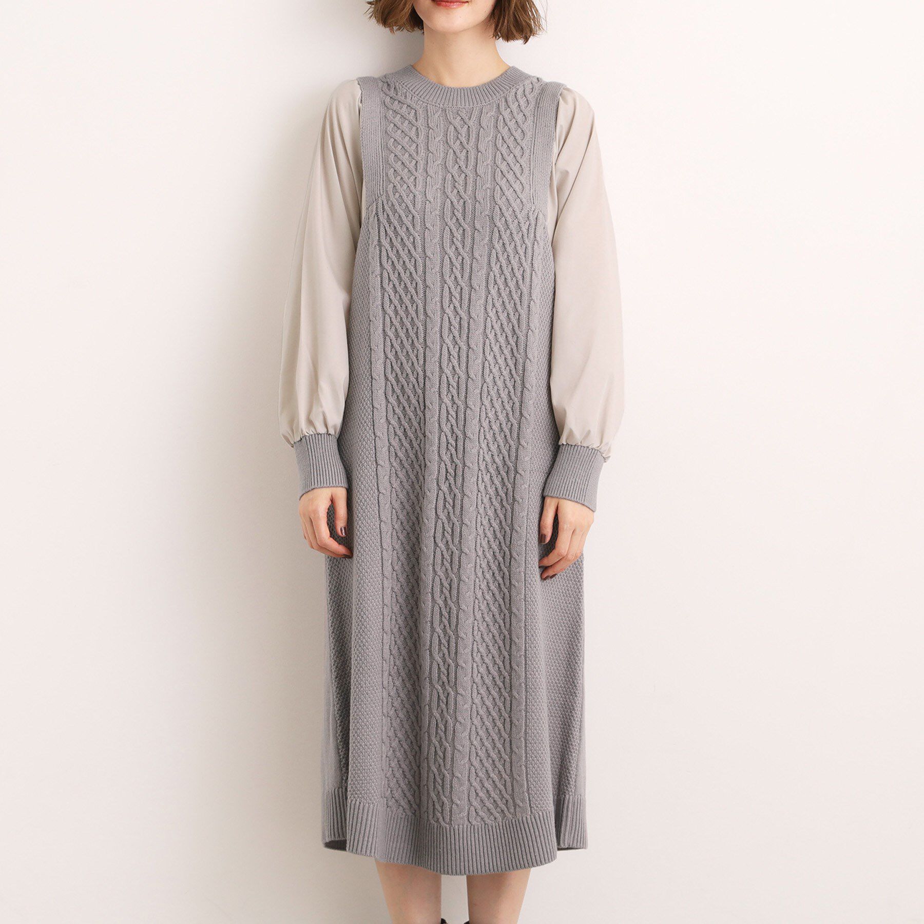 grove「一枚で華やぐ、袖布帛ケーブルニットワンピース」|ワンピース|