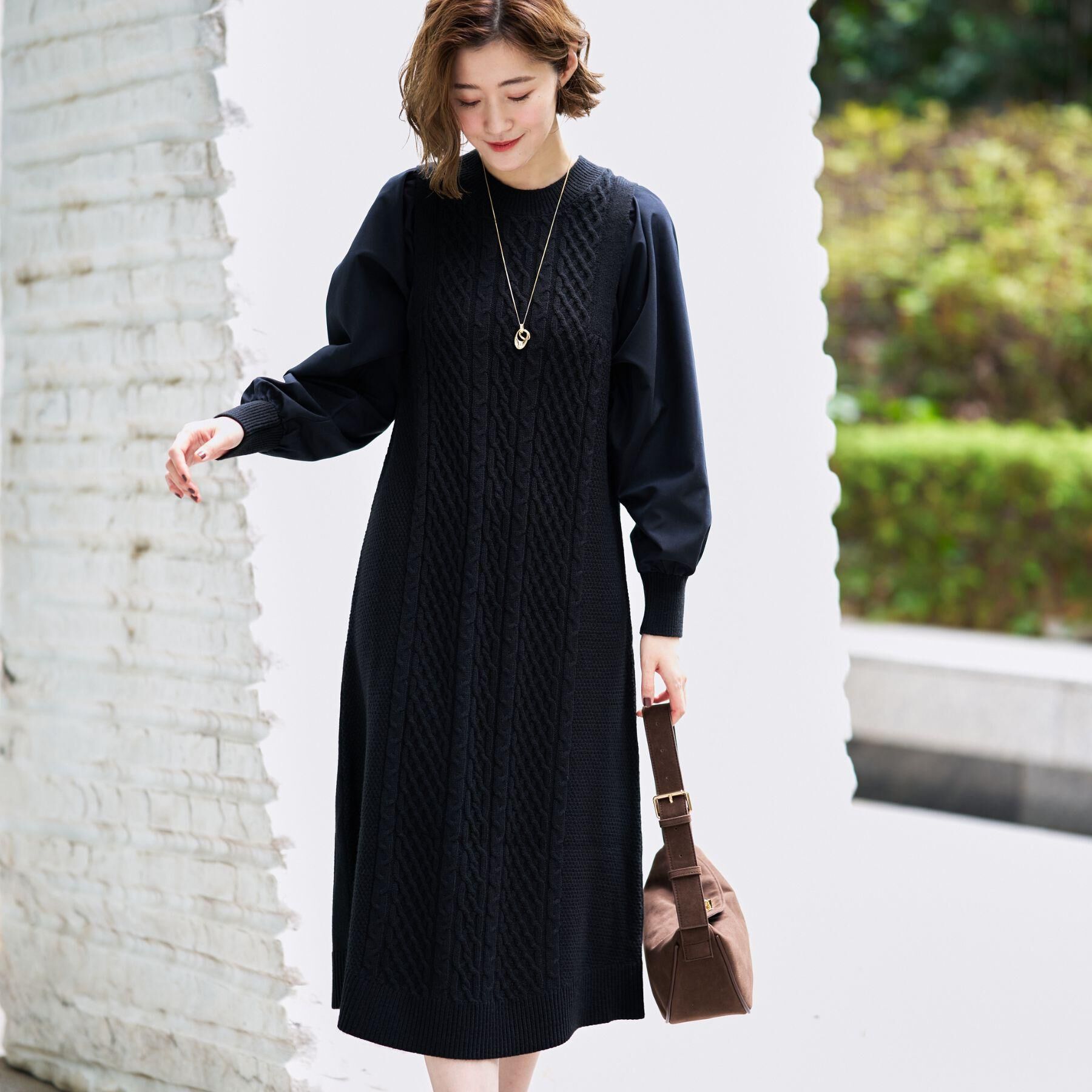 grove「一枚で華やぐ、袖布帛ケーブルニットワンピース」|ワンピース|