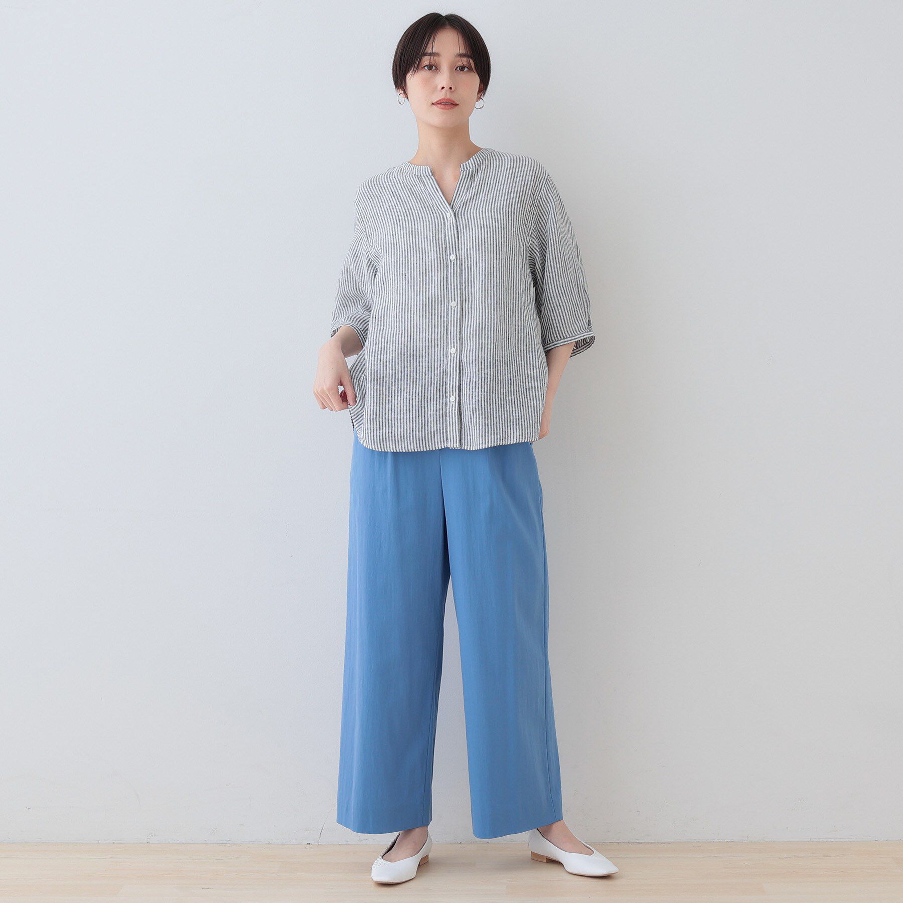 INDIVI「【毎年人気！／フレンチリネン】5分袖バンドカラーブラウス」|シャツ・ブラウス|