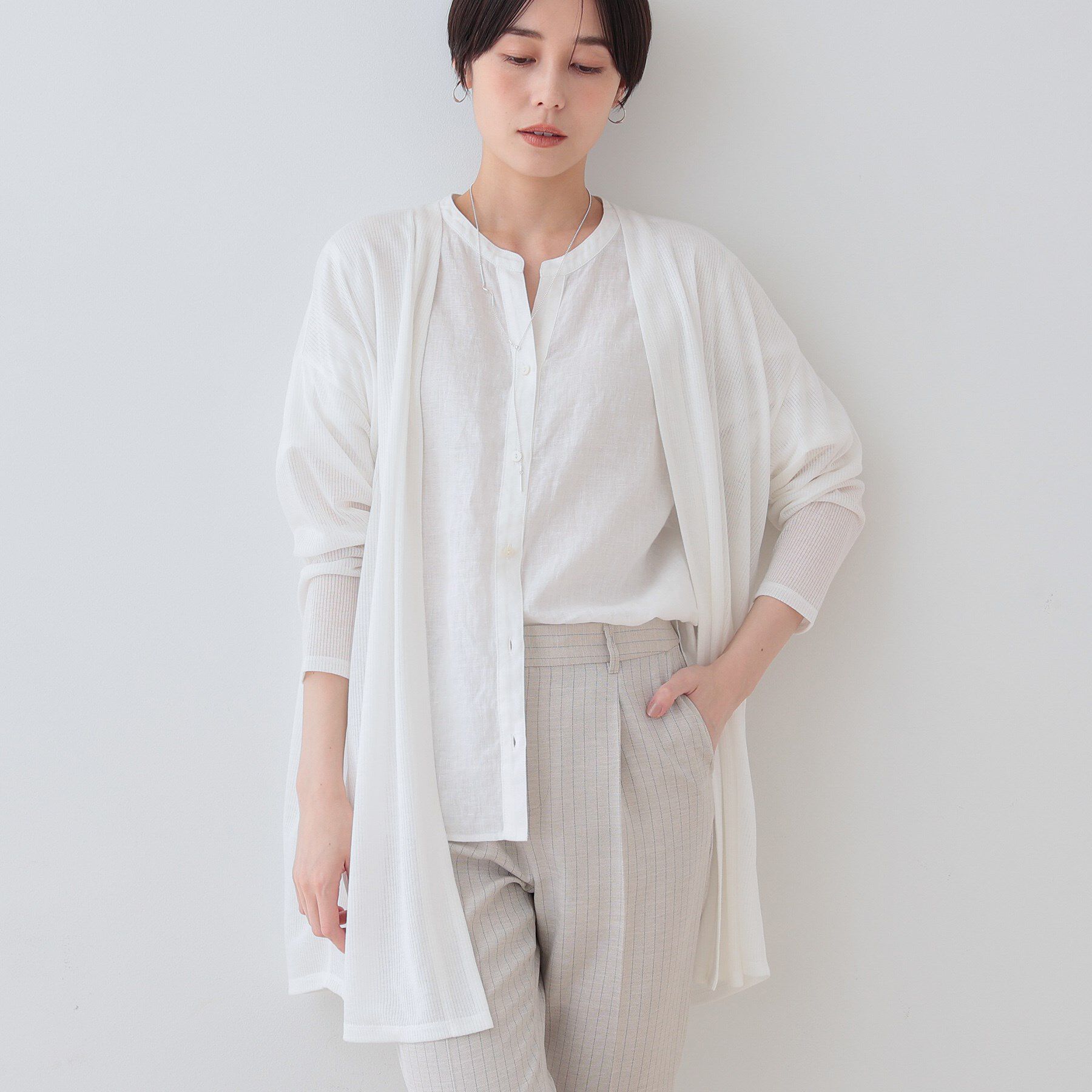 INDIVI「【洗える／シアーストライプ】ロング丈着流しカーディガン」|カーディガン|ホワイト(001)