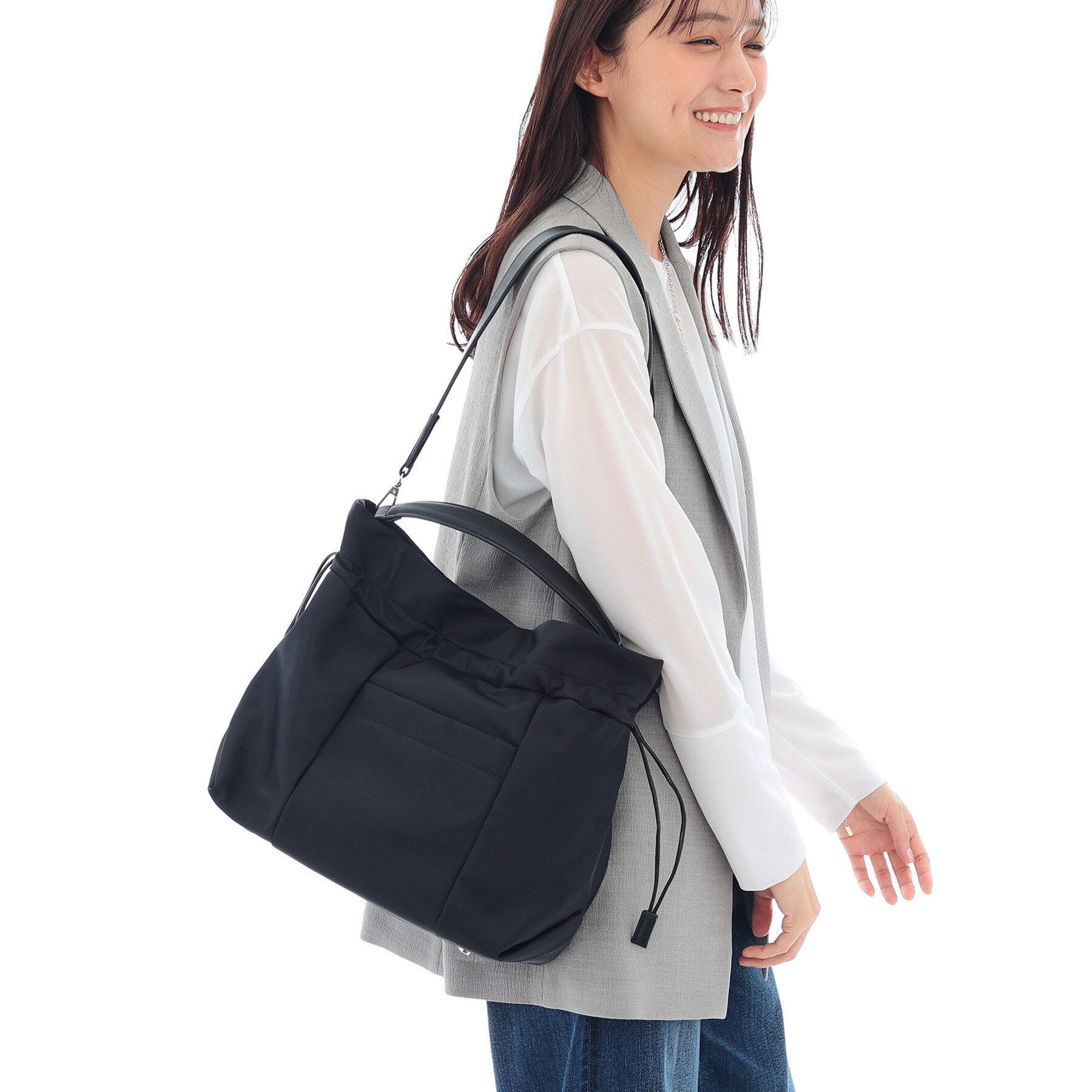 INDIVI「ミドルドロストバッグ」|トートバッグ|ブラック(019)