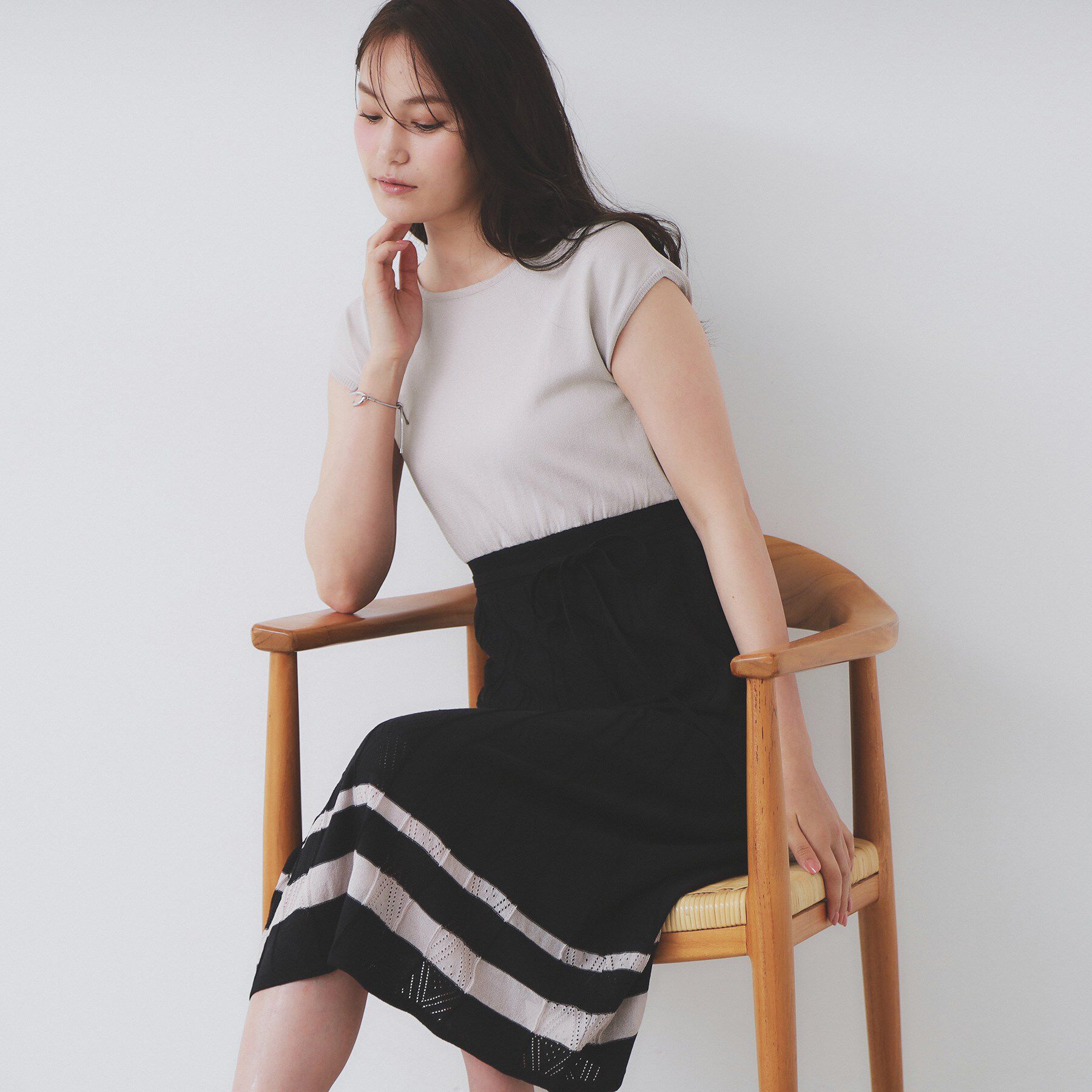 index「柄編みボーダーラインニットワンピース【洗濯機洗い可】」|ワンピース|ブラック(519)