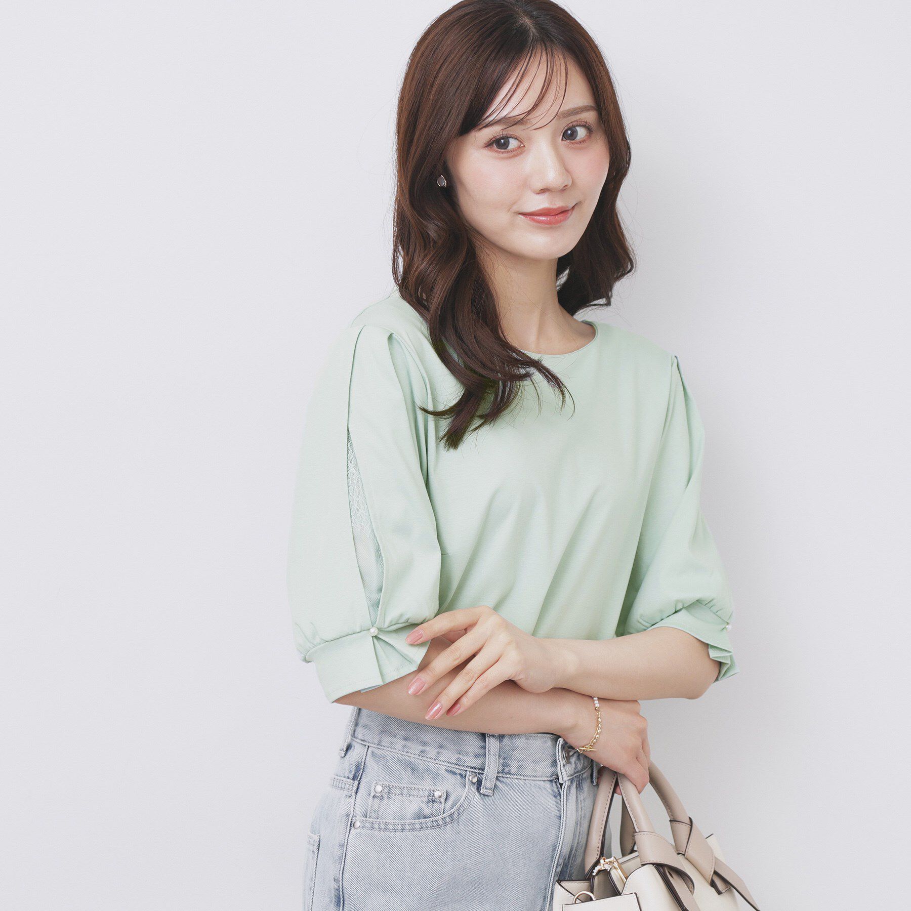 index「レースドッキングスリーブトップス【洗濯機洗い可/UVケア】」|Tシャツ・カットソー|ミントグリーン(02