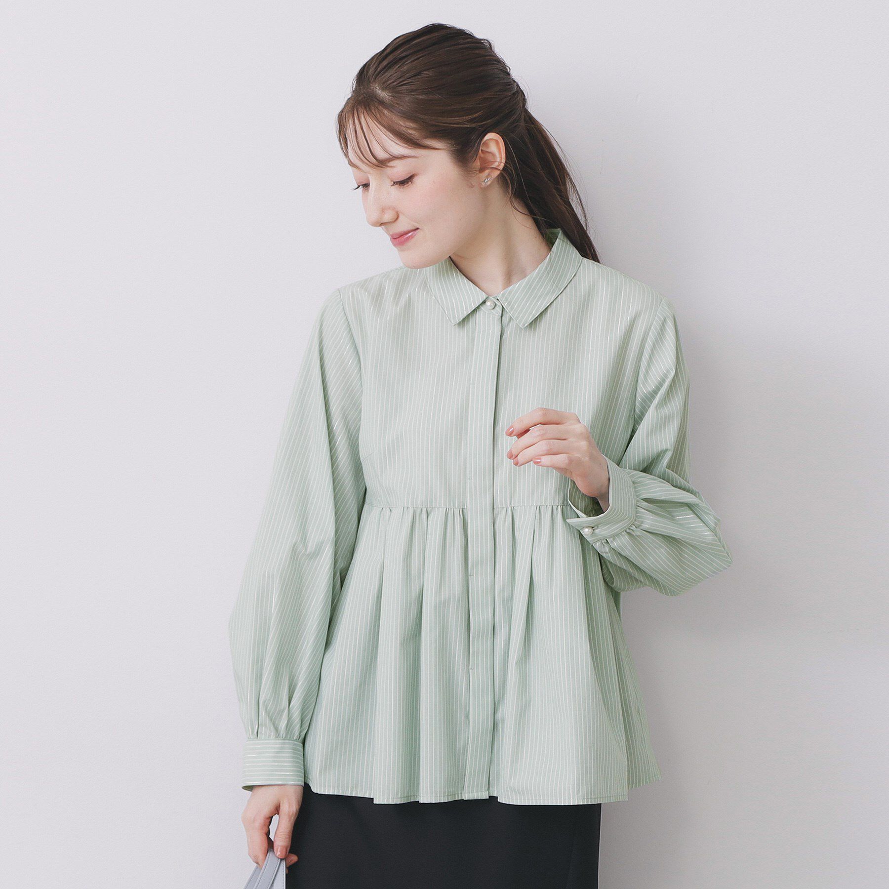 index「ラメストライプ衿付きペプラムブラウス【洗濯機OK/イージーアイロン/防シワ】《6col》」|シャツ・ブラウス|