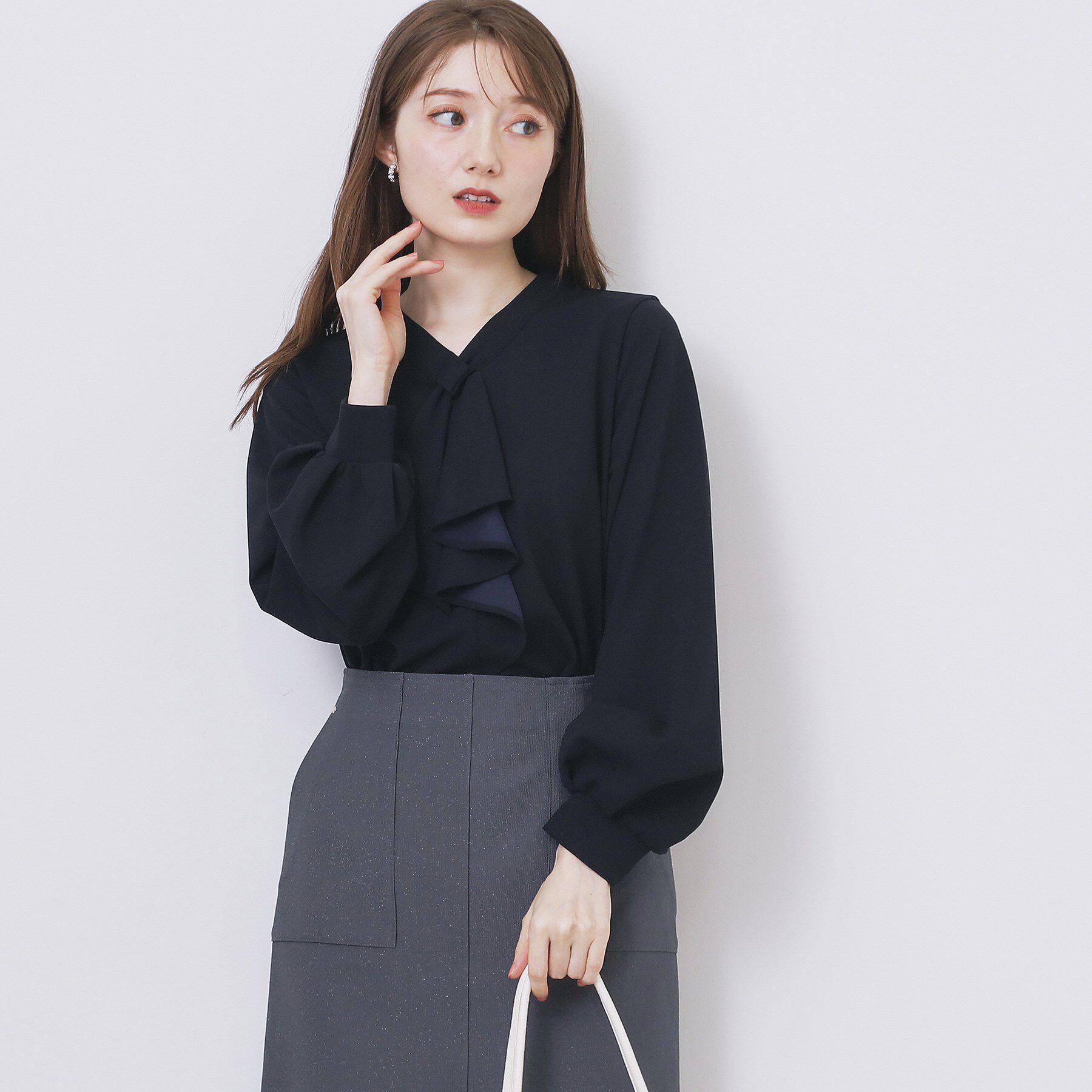 index「ボウタイフリルトップス【洗濯機OK/ストレッチ/イージーアイロン/防シワ】《S～3L》」|Tシャツ・カットソー|ネイビー(094)