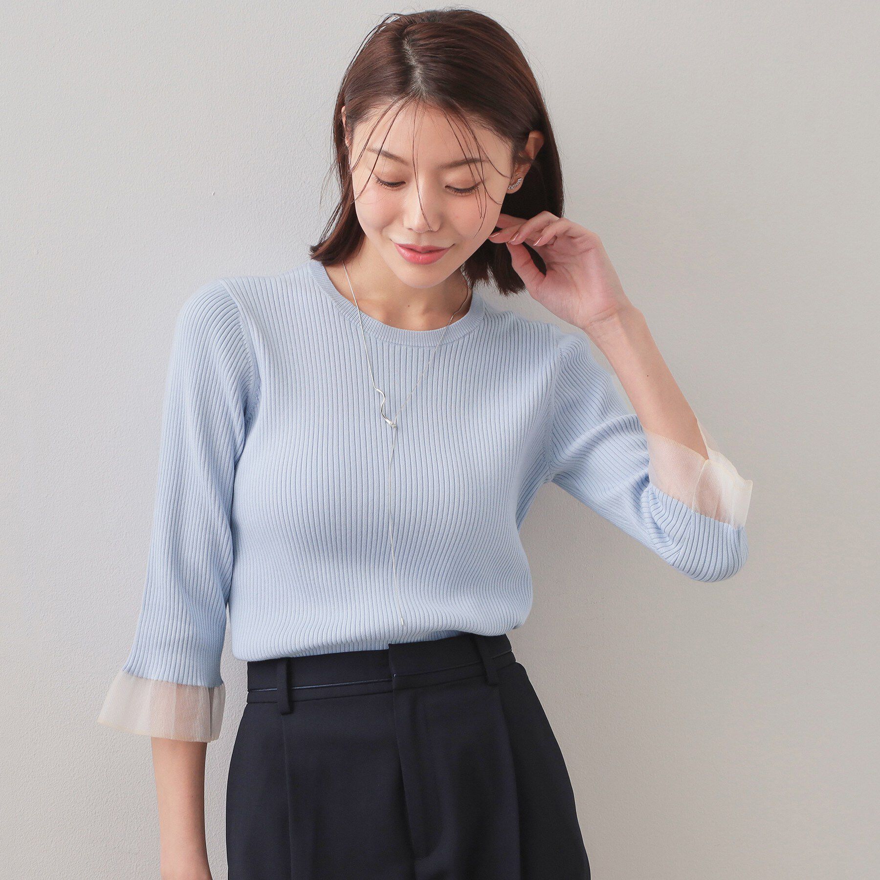 index「UVケア リブシアーフレアスリーブニット【洗える】」|ニット・セーター|ブルー(091)