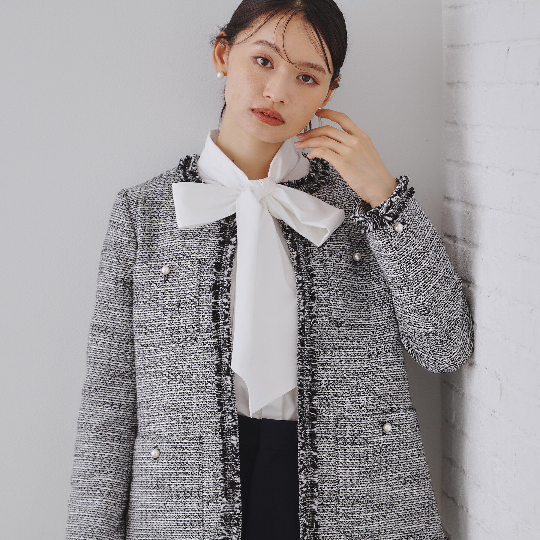 OPAQUE.CLIP「《通勤対応》コットンツイードミドルジャケット」|ノーカラージャケット|