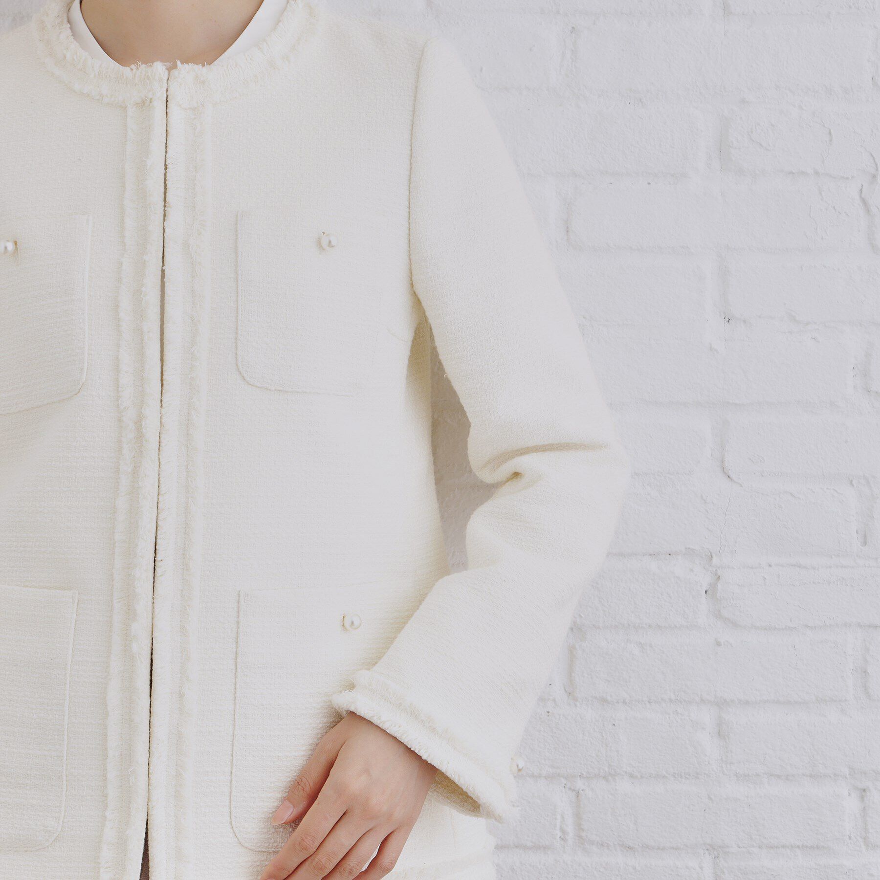 OPAQUE.CLIP「《通勤対応》コットンツイードミドルジャケット」|ノーカラージャケット|