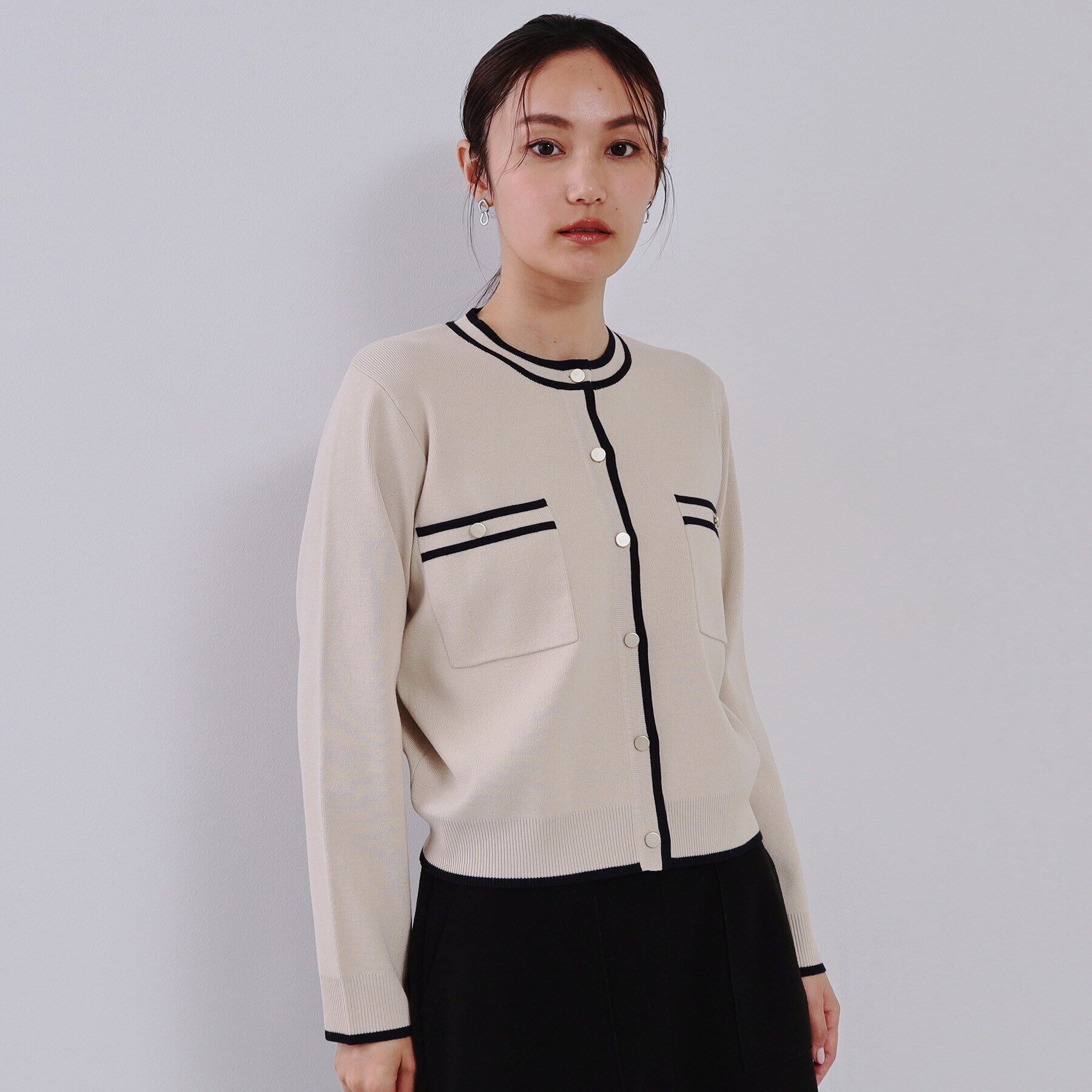 OPAQUE.CLIP「《美人百花掲載》配色ラインカーディガン/アンサンブル対応【洗濯機洗い可】」|カーディガン|ライトベージュ(05