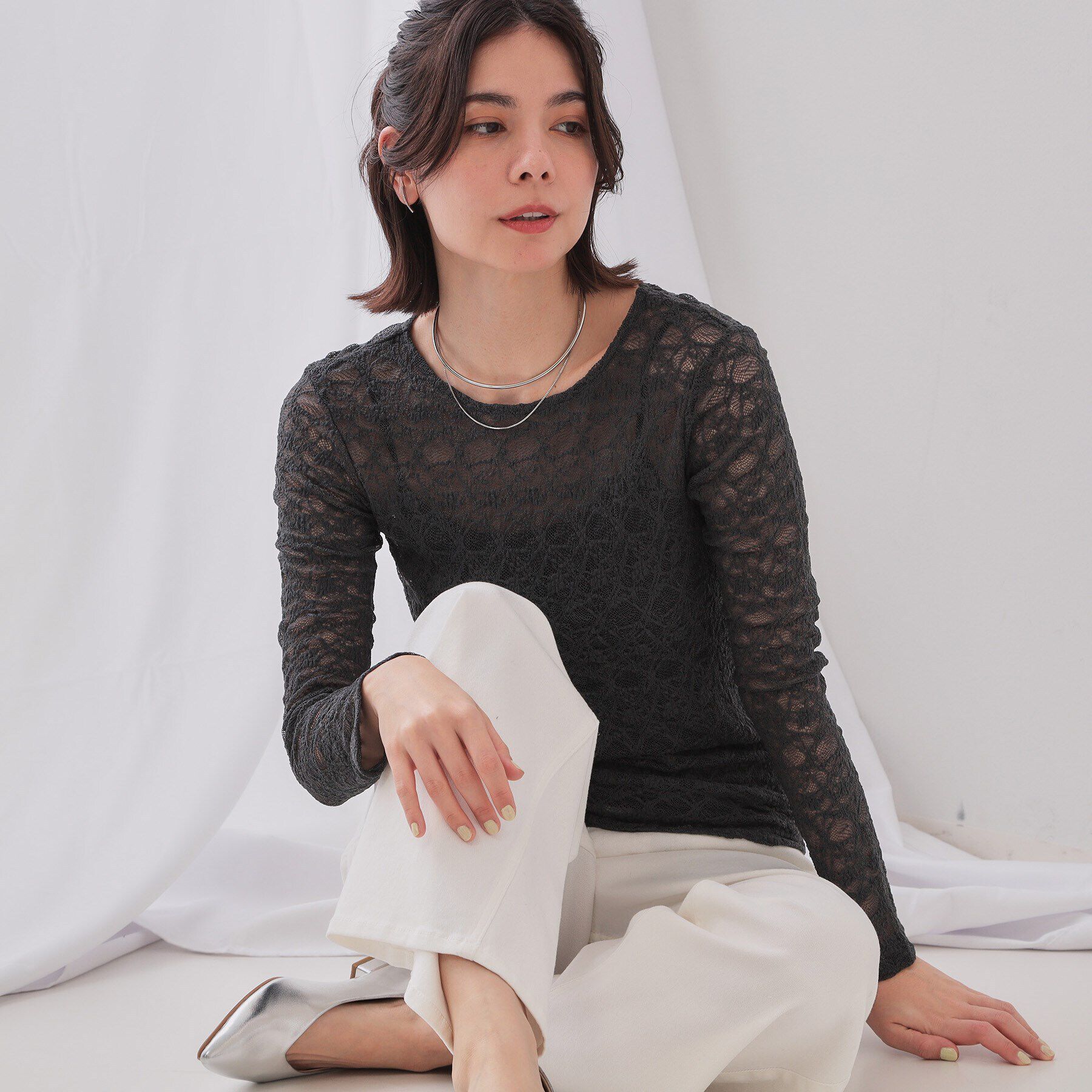 OPAQUE.CLIP「シアーレーストップス【洗濯機洗い可】」|Tシャツ・カットソー|チャコールグレー(0