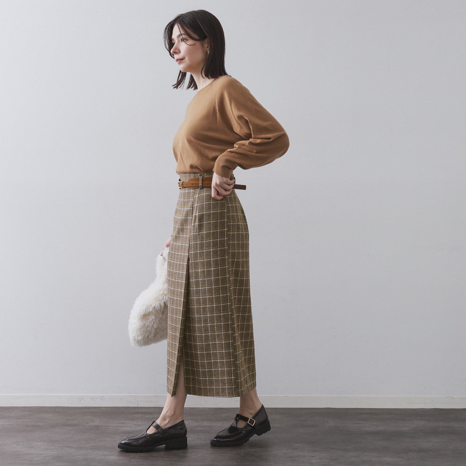 OPAQUE.CLIP「チェックツイード ラップ風ナロースカート【洗濯機OK】」|スカート|