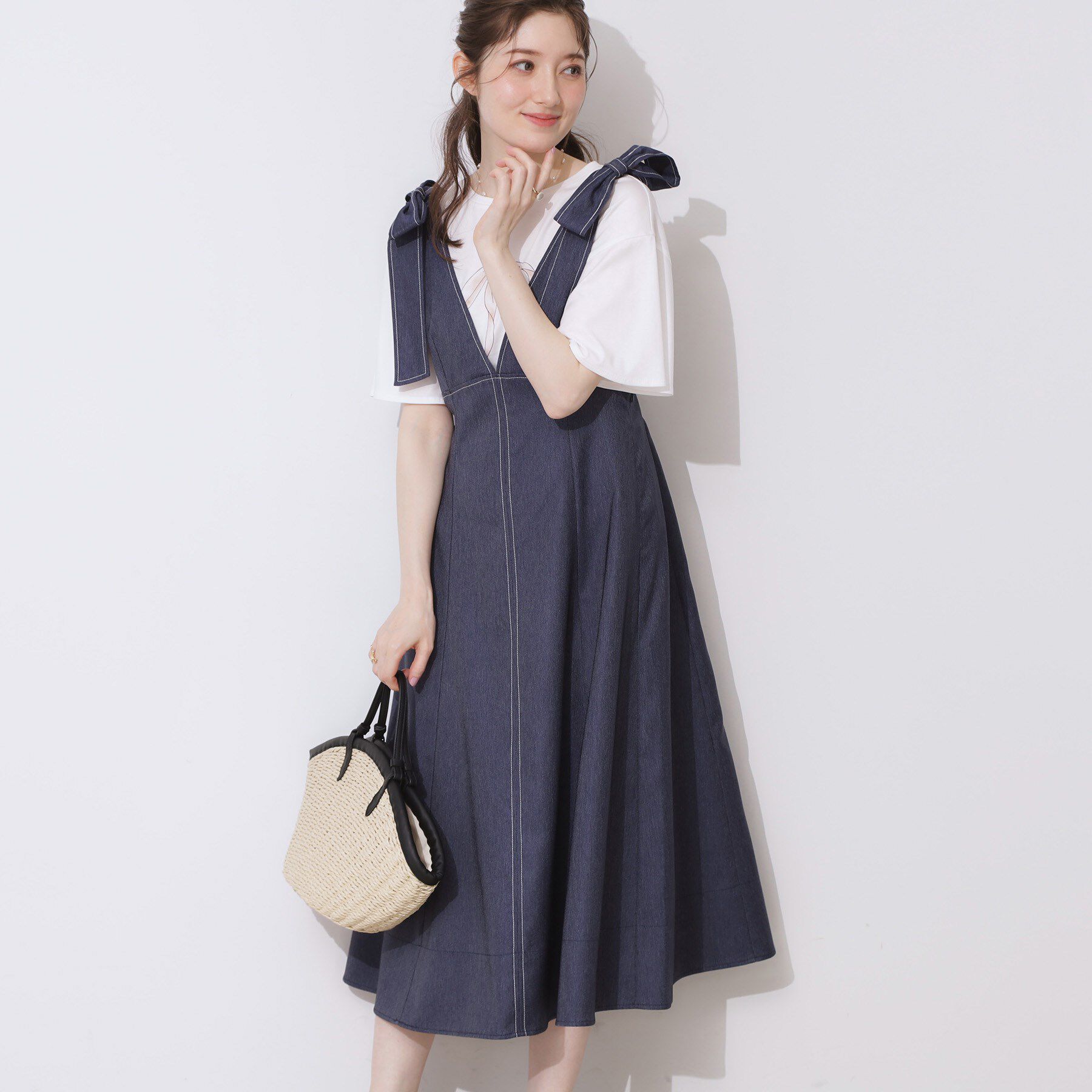 Couture broach「デニムライク肩リボンワンピース」|ワンピース|