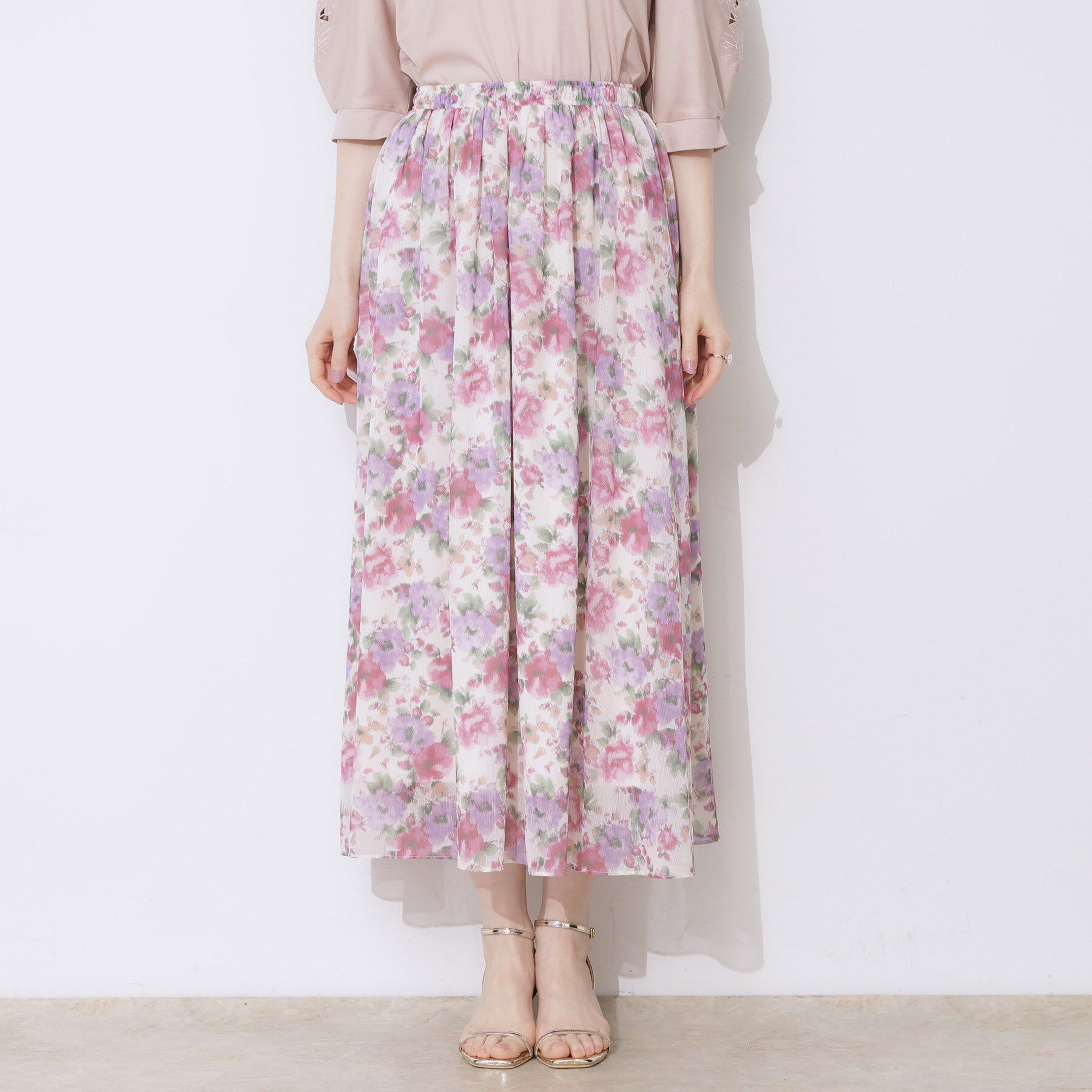 Couture broach「【華やか・ウエストゴム】かすれプリント楊柳スカート」|スカート|