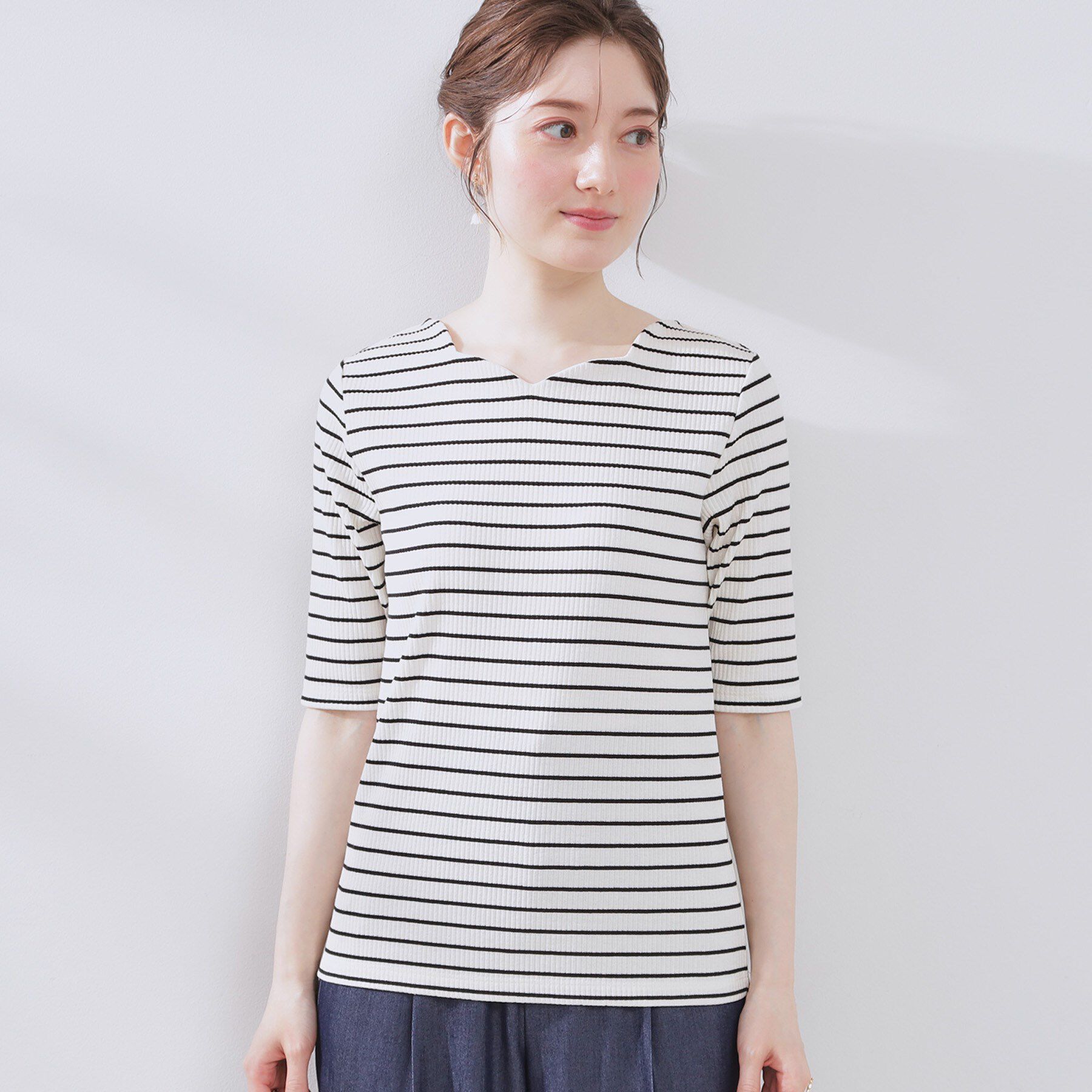 Couture broach「【マシンウォッシャブル・アンチピリング・二の腕カバー】ハートネックテレコ5分袖プルオーバー」|Tシャツ・カットソー|