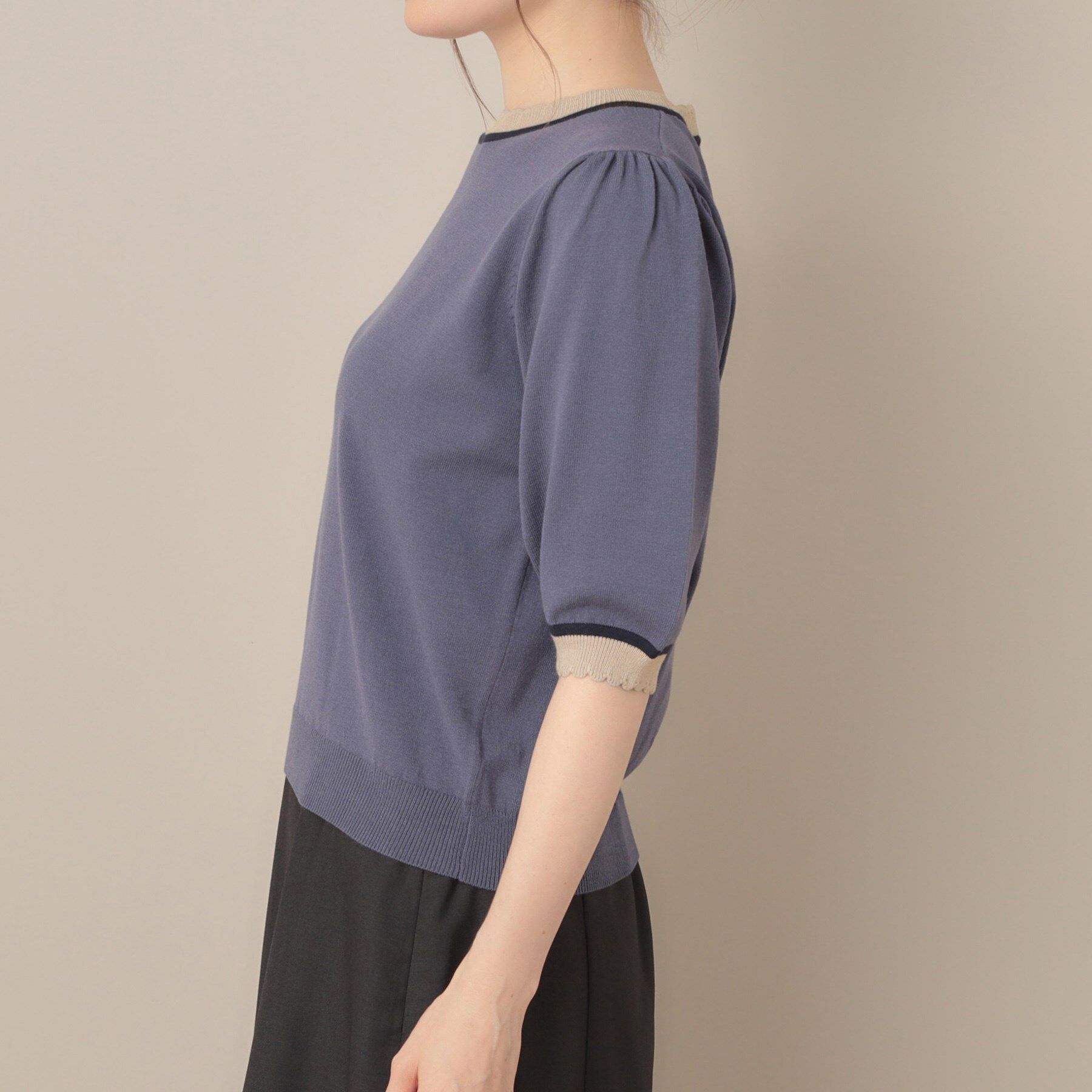 Couture broach「【5分袖・華奢見え・通勤】配色スカラ5分袖ニット」|ニット・セーター|