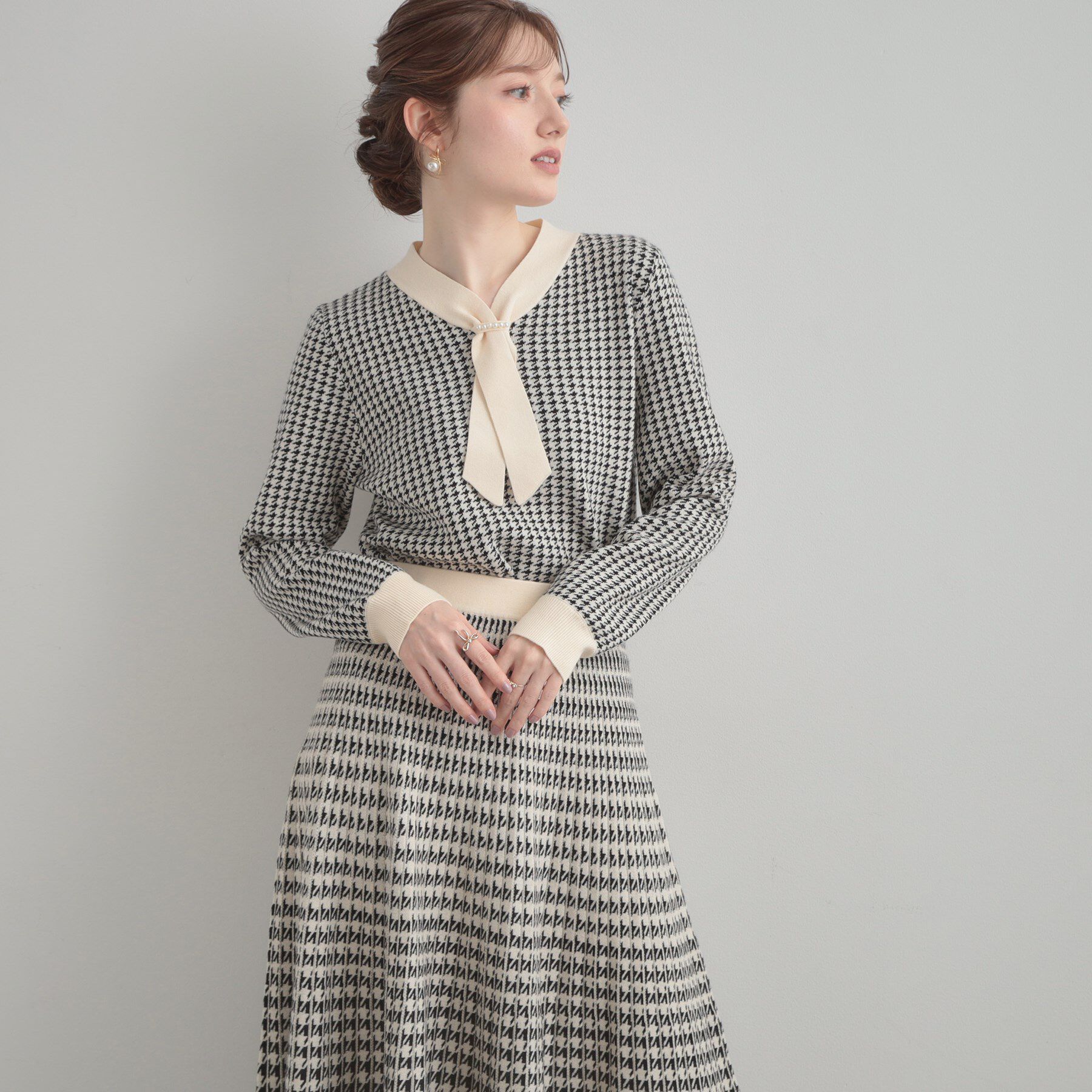 Couture broach「【クラシカル・大人レディ】千鳥ジャカードパール調タイニットトップス」|ニット・セーター|