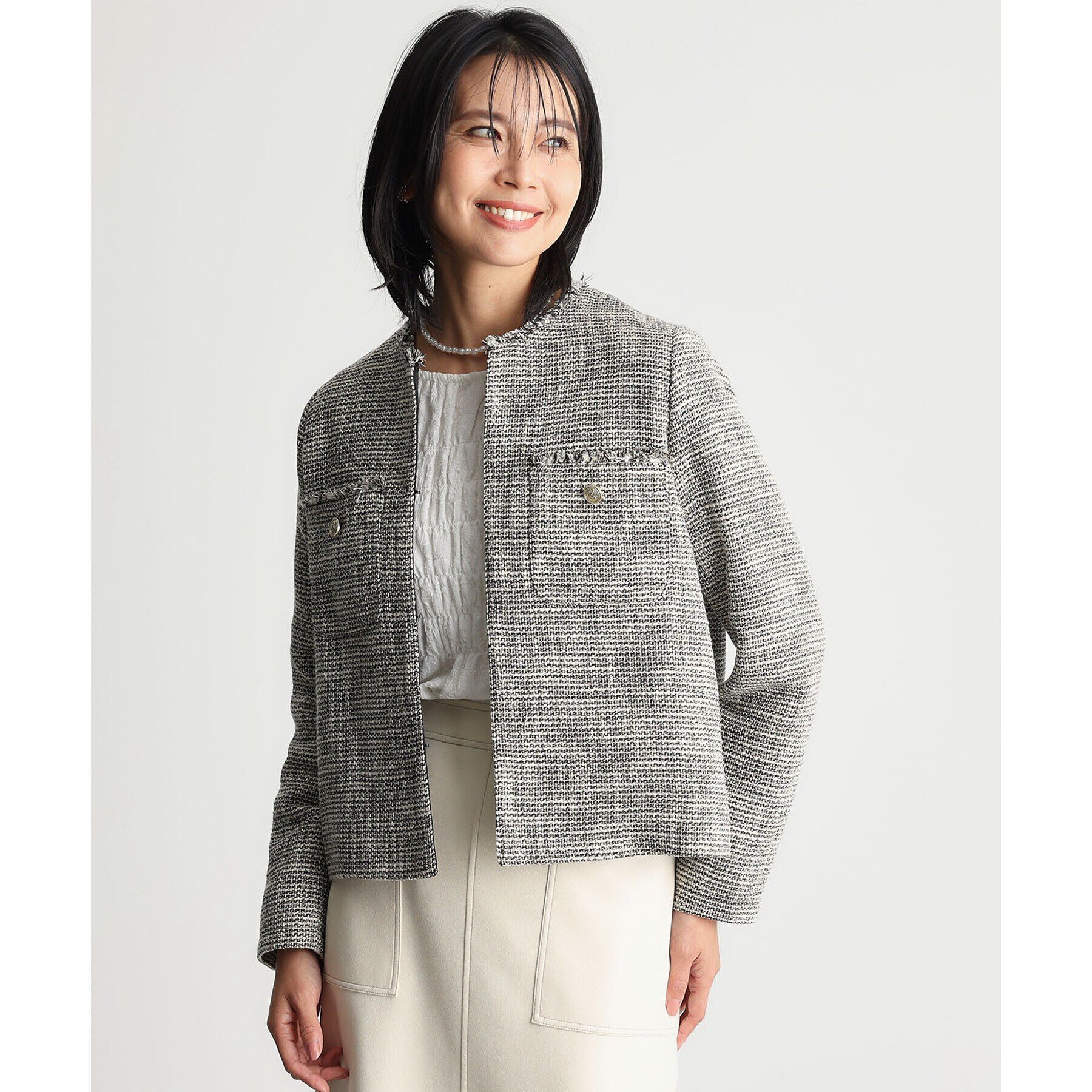 THE SHOP TK「【ONOFF活躍/セレモニー/通勤】ツイードノーカラージャケット/洗える」|ノーカラージャケット|