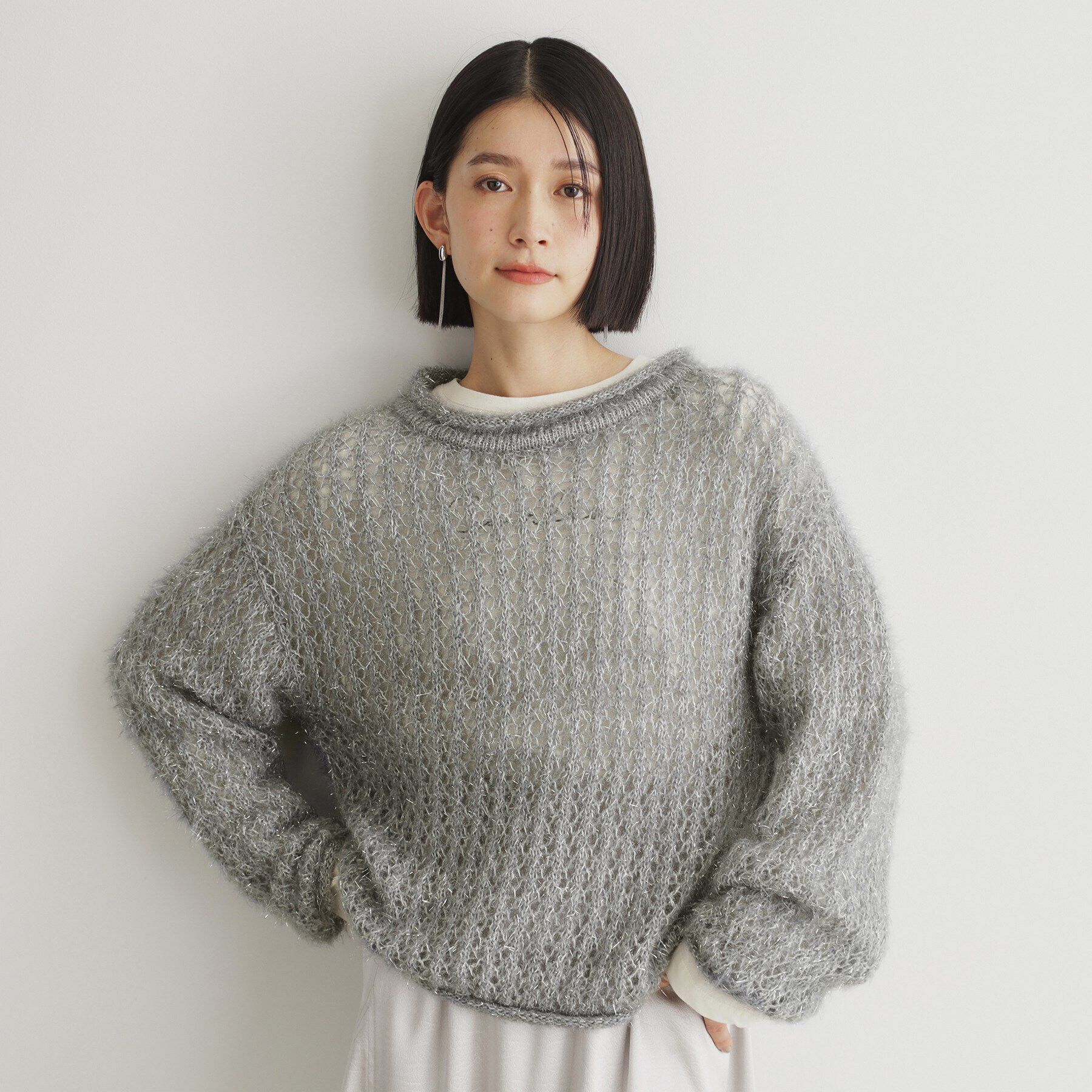THE SHOP TK「【毛玉になりにくい】ラメメッシュニット/洗える」|ニット・セーター|チャコールグレー(0