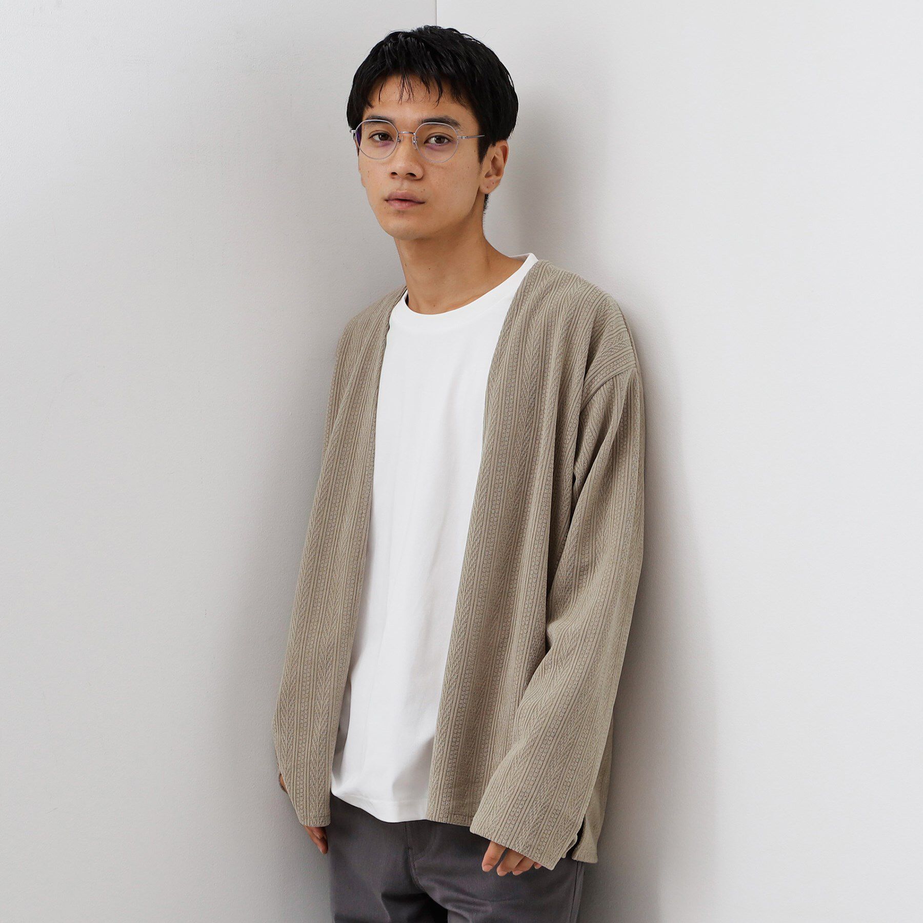 THE SHOP TK「【セットでお買い得！】モールニットカーディガン＋長袖Tシャツ　洗濯機OK/吸水速乾・毛玉になりにくい」|カーディガン|グレージュ(050)