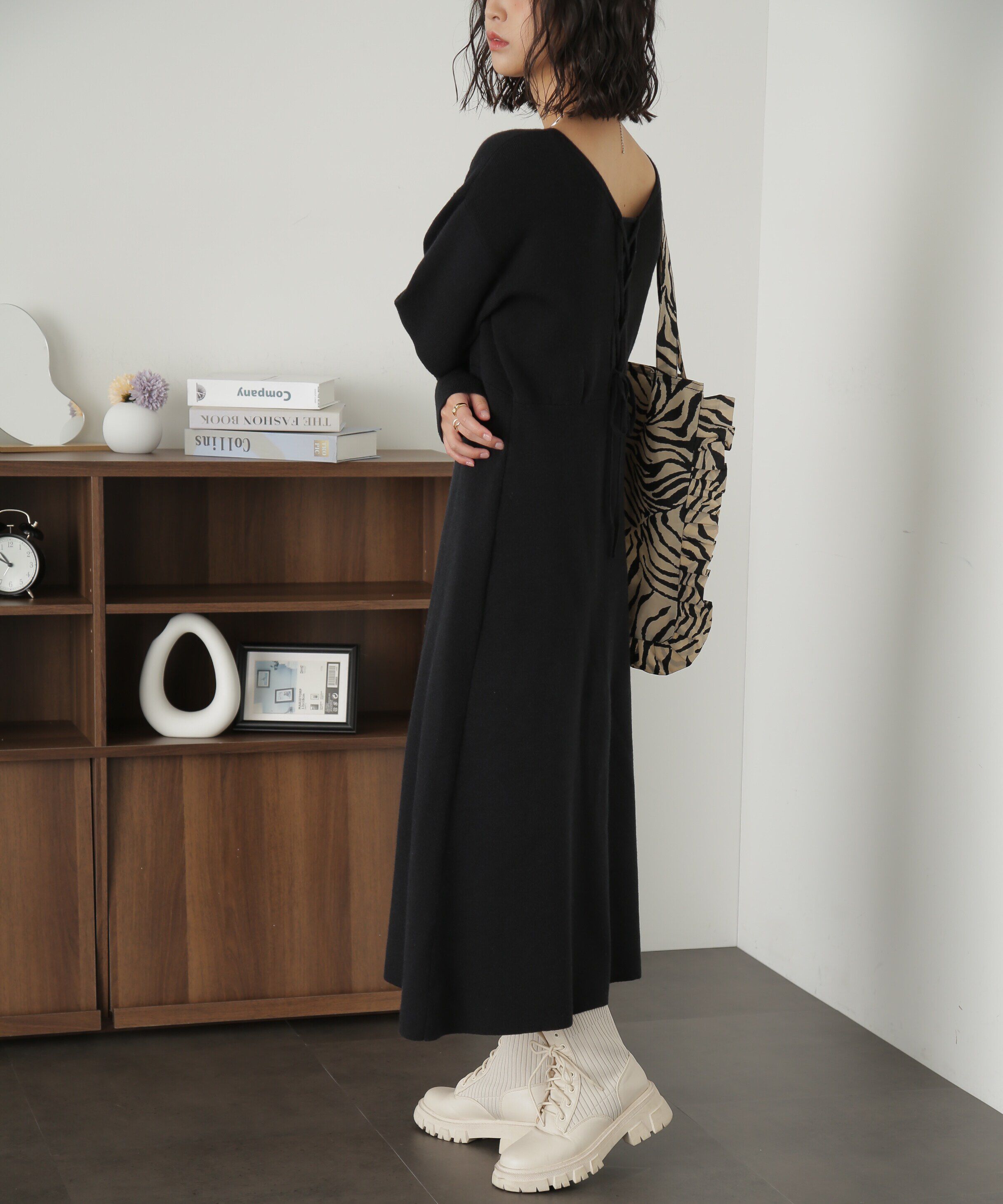  「バックレースアップロングニットワンピース」|ワンピース|