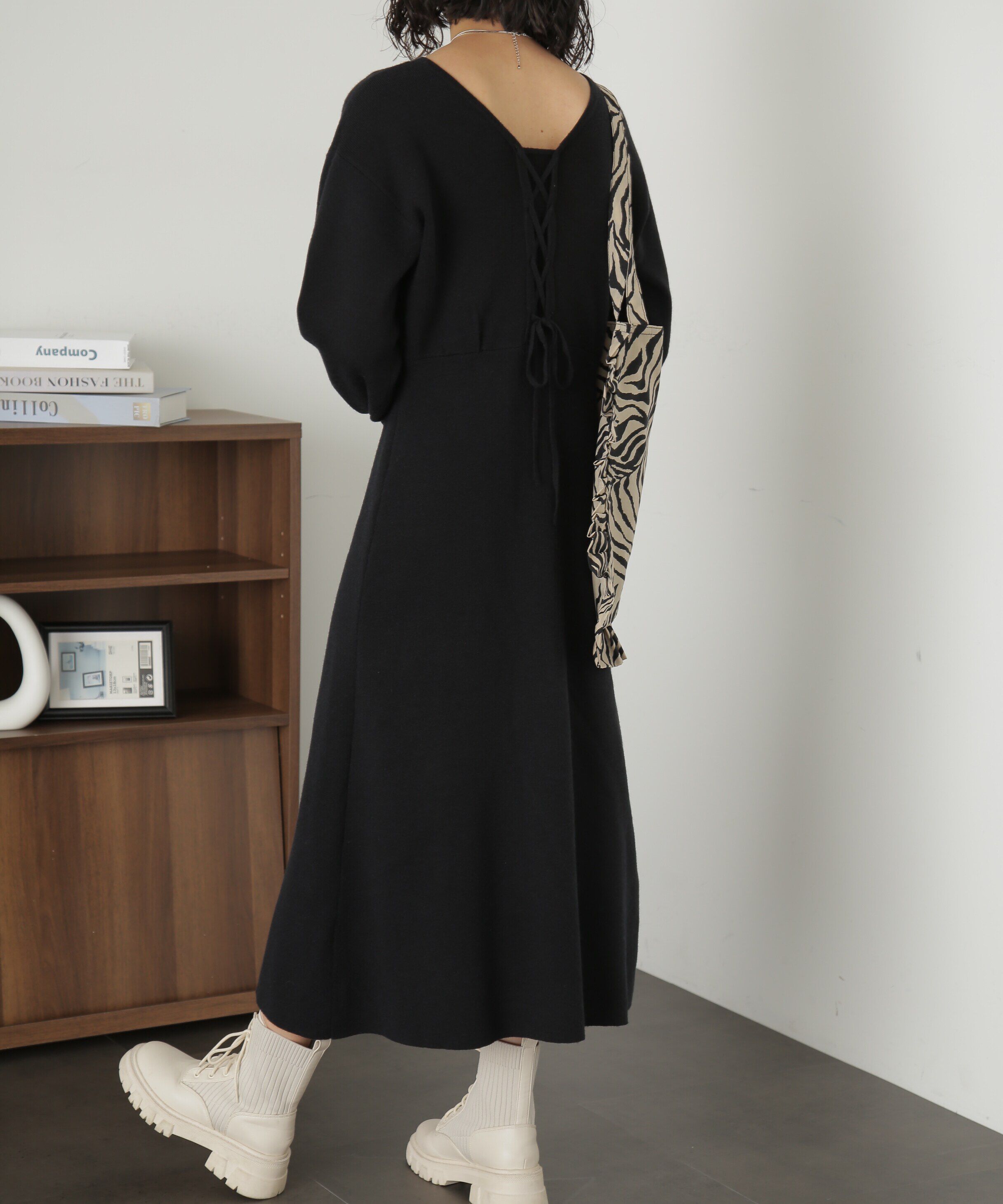  「バックレースアップロングニットワンピース」|ワンピース|