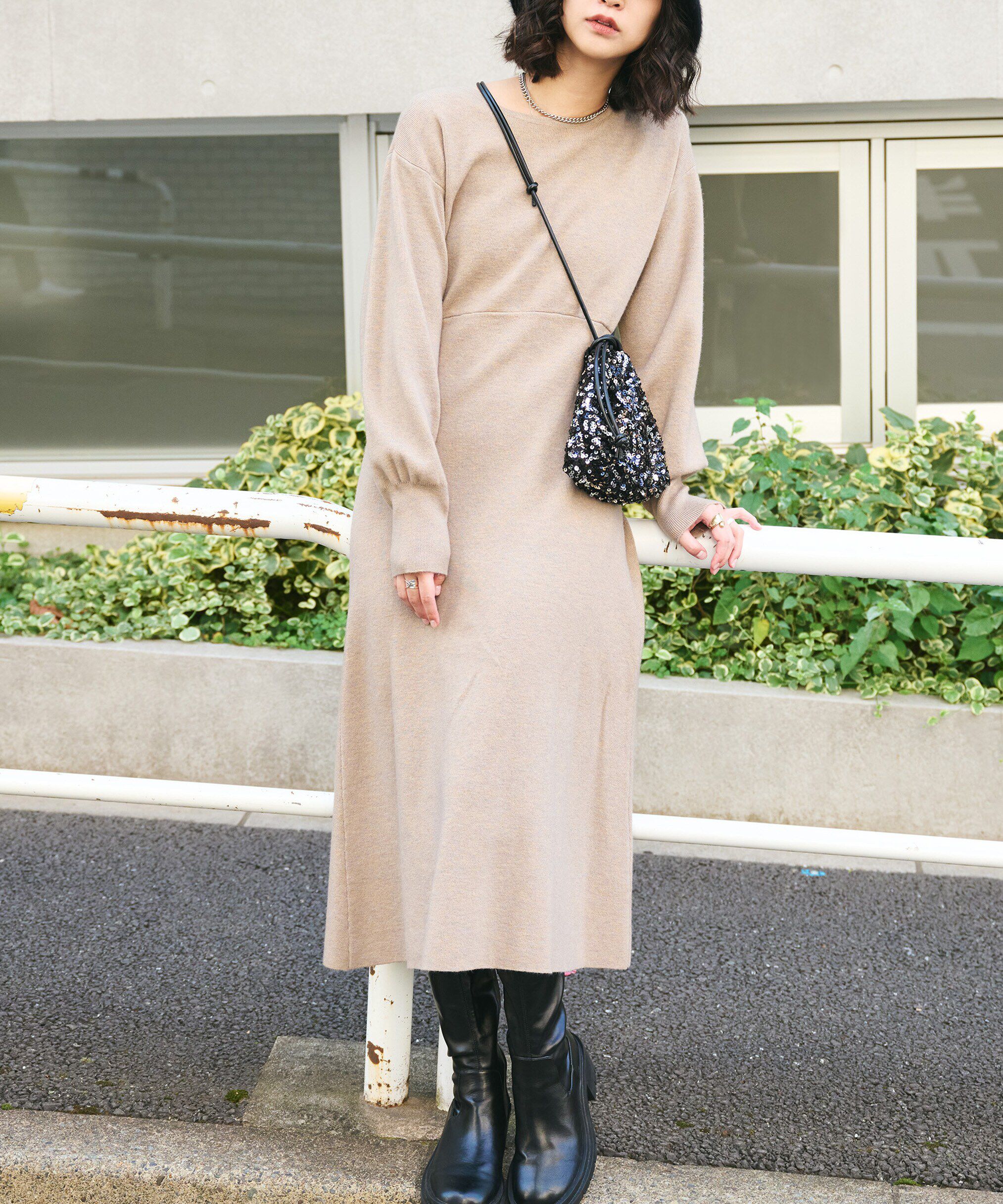  「バックレースアップロングニットワンピース」|ワンピース|