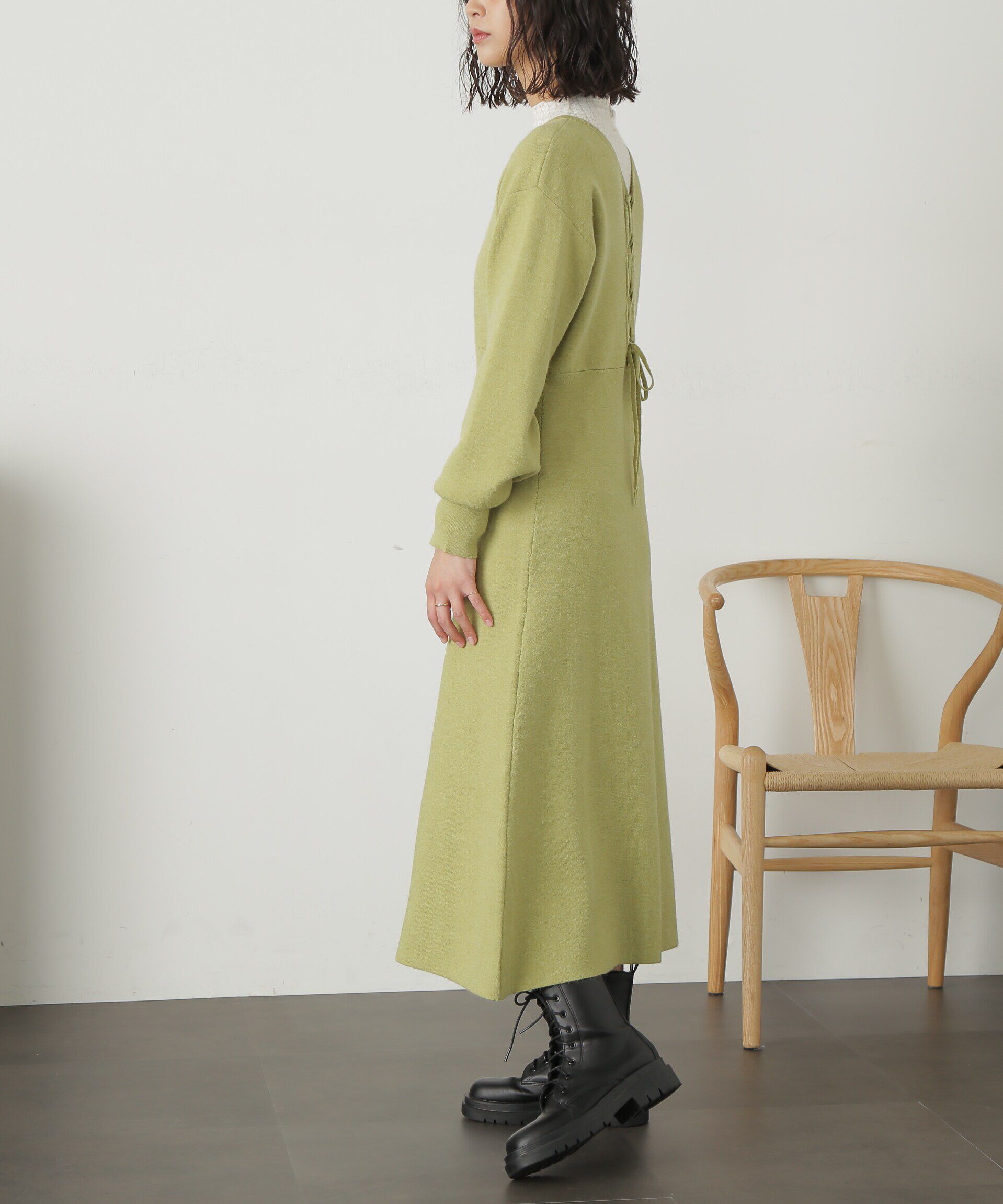  「バックレースアップロングニットワンピース」|ワンピース|