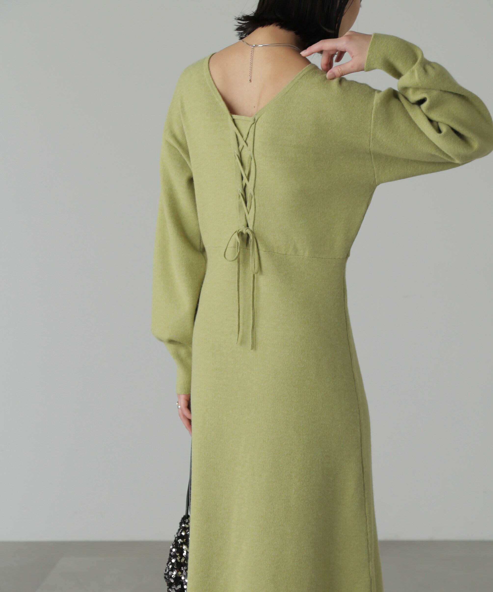  「バックレースアップロングニットワンピース」|ワンピース|