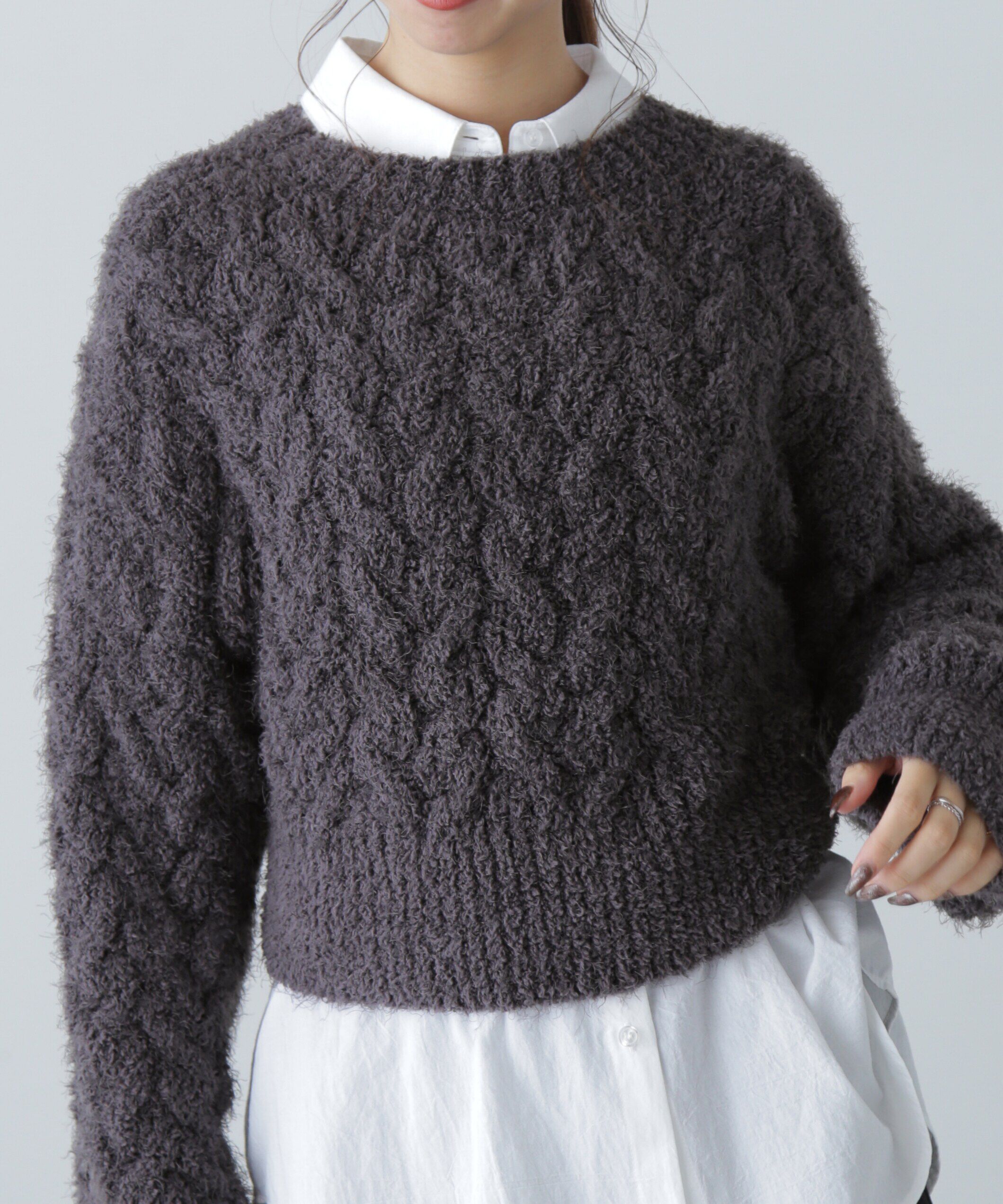  「シャギーケーブルニット」|ニット・セーター|チャコールグ
