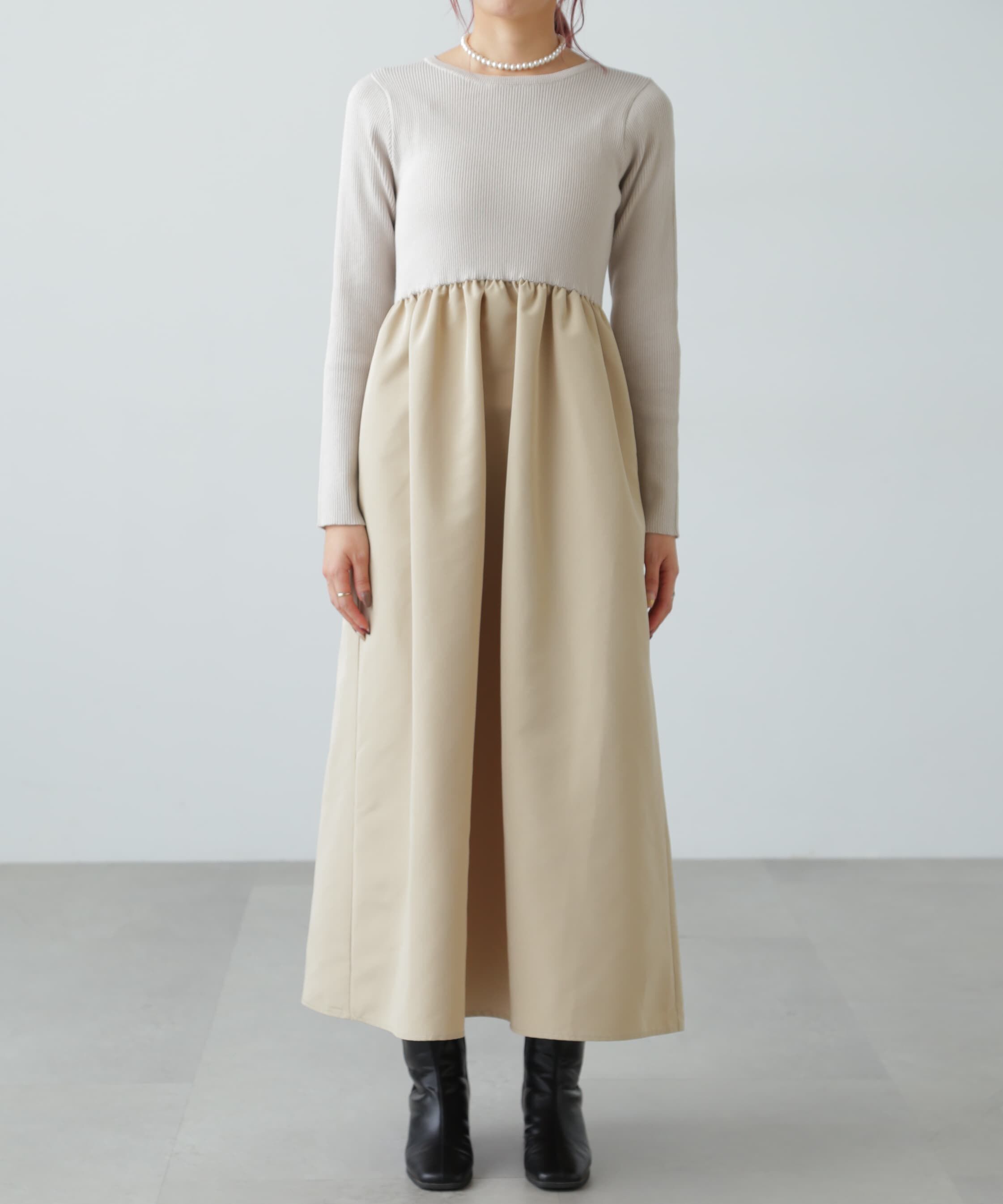  「布帛ドッキングクルーネックワンピース」|ワンピース|