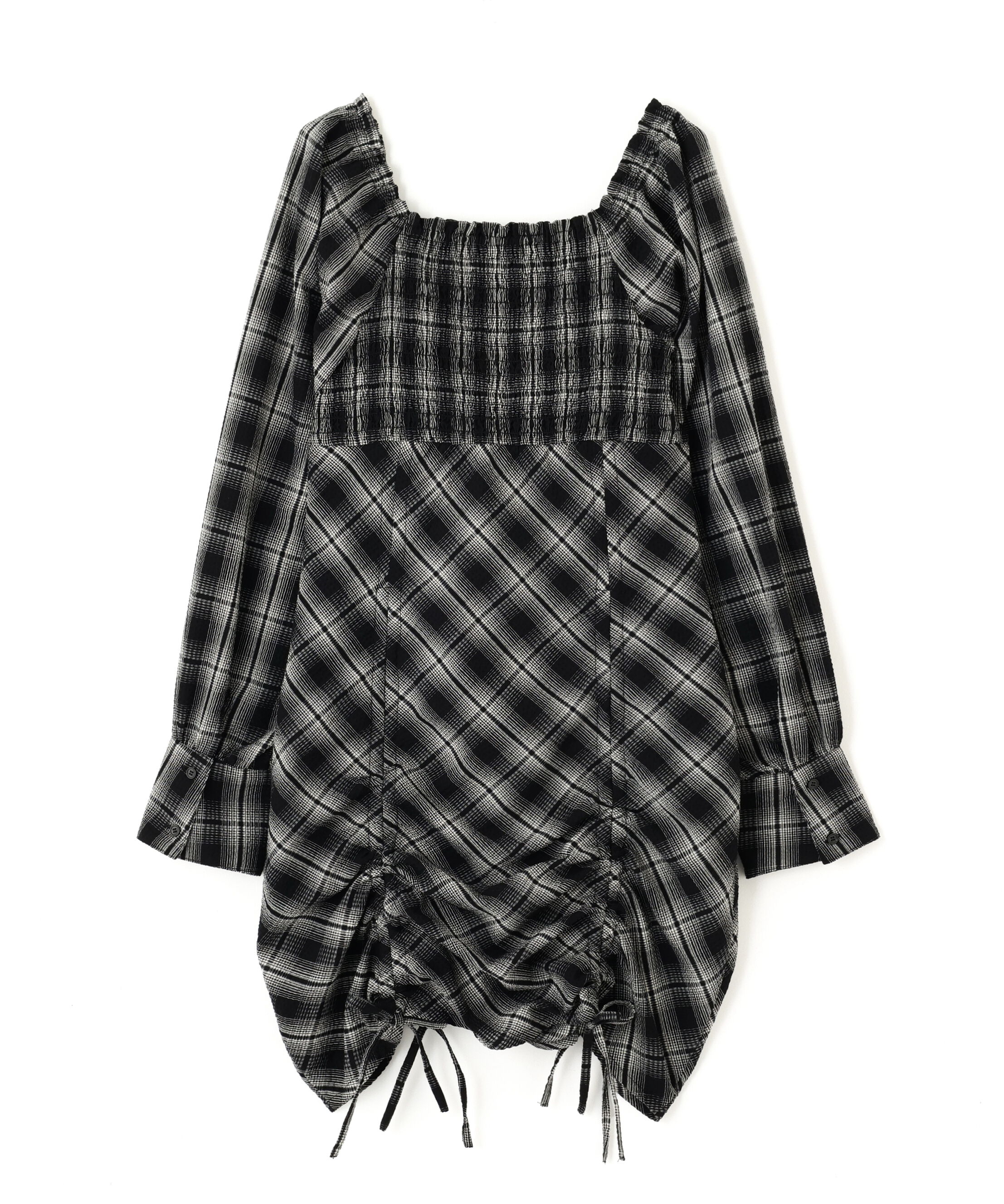  「シャーリングドロストリボンチェックミニワンピース」|ワンピース|