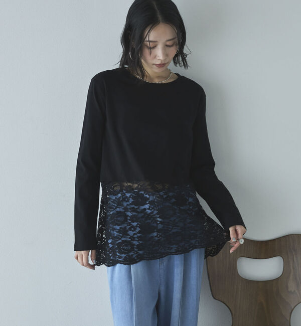 Doux archives「裾スカラップレースロンＴｅｅ」|Tシャツ・カットソー|BLACK