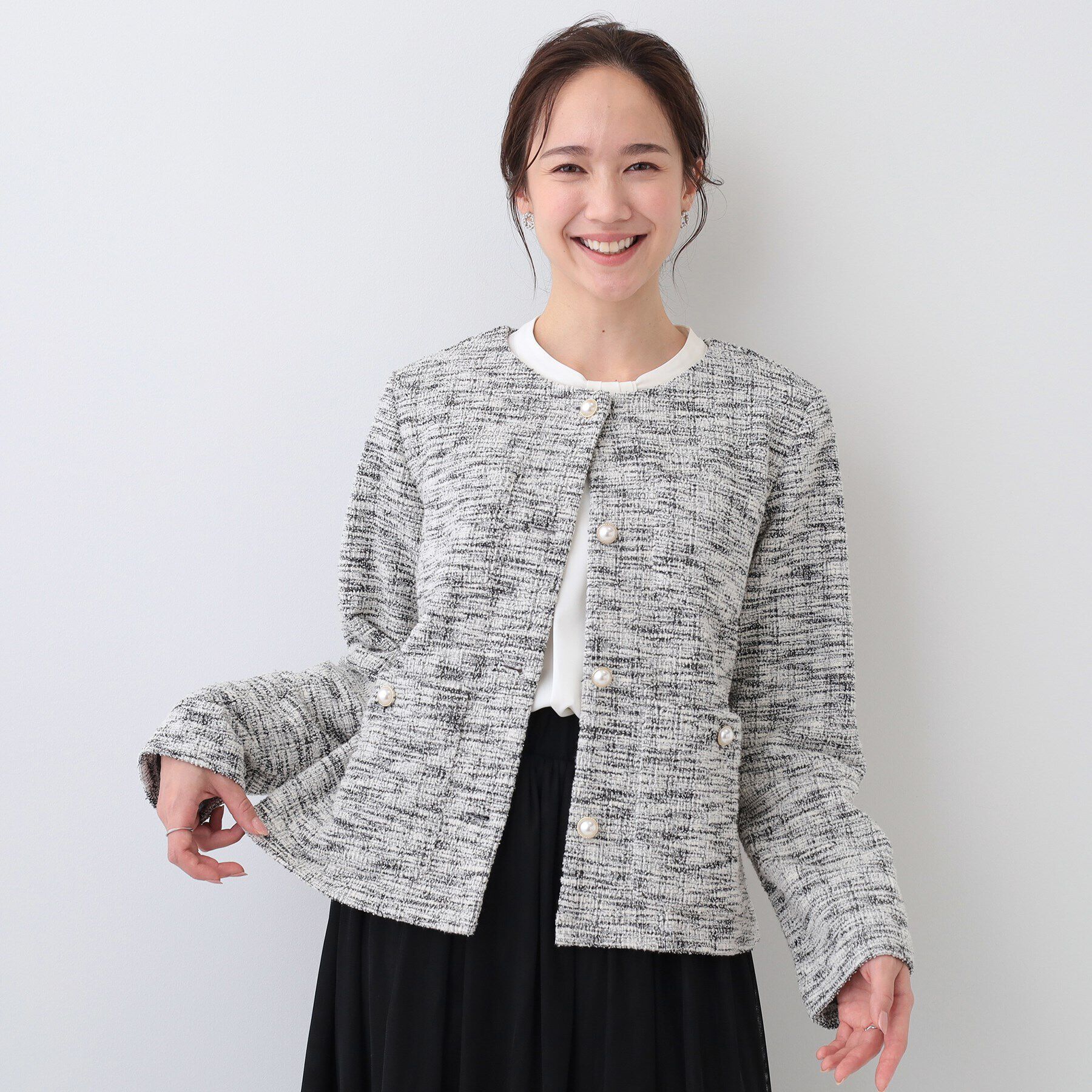 SHOO･LA･RUE「カットツイードジャケット」|ノーカラージャケット|オフホワイト(403