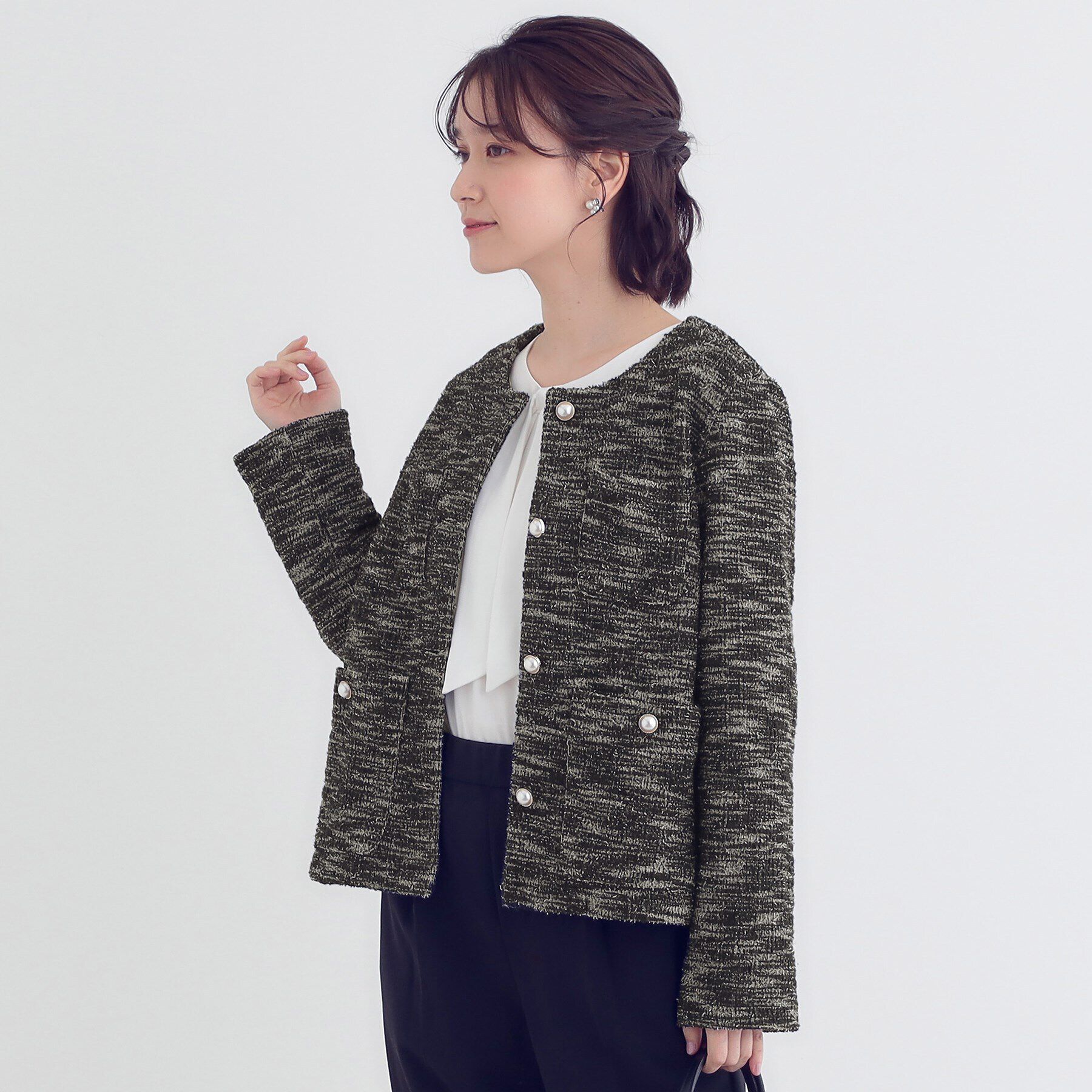 SHOO･LA･RUE「カットツイードジャケット」|ノーカラージャケット|ブラック(419)
