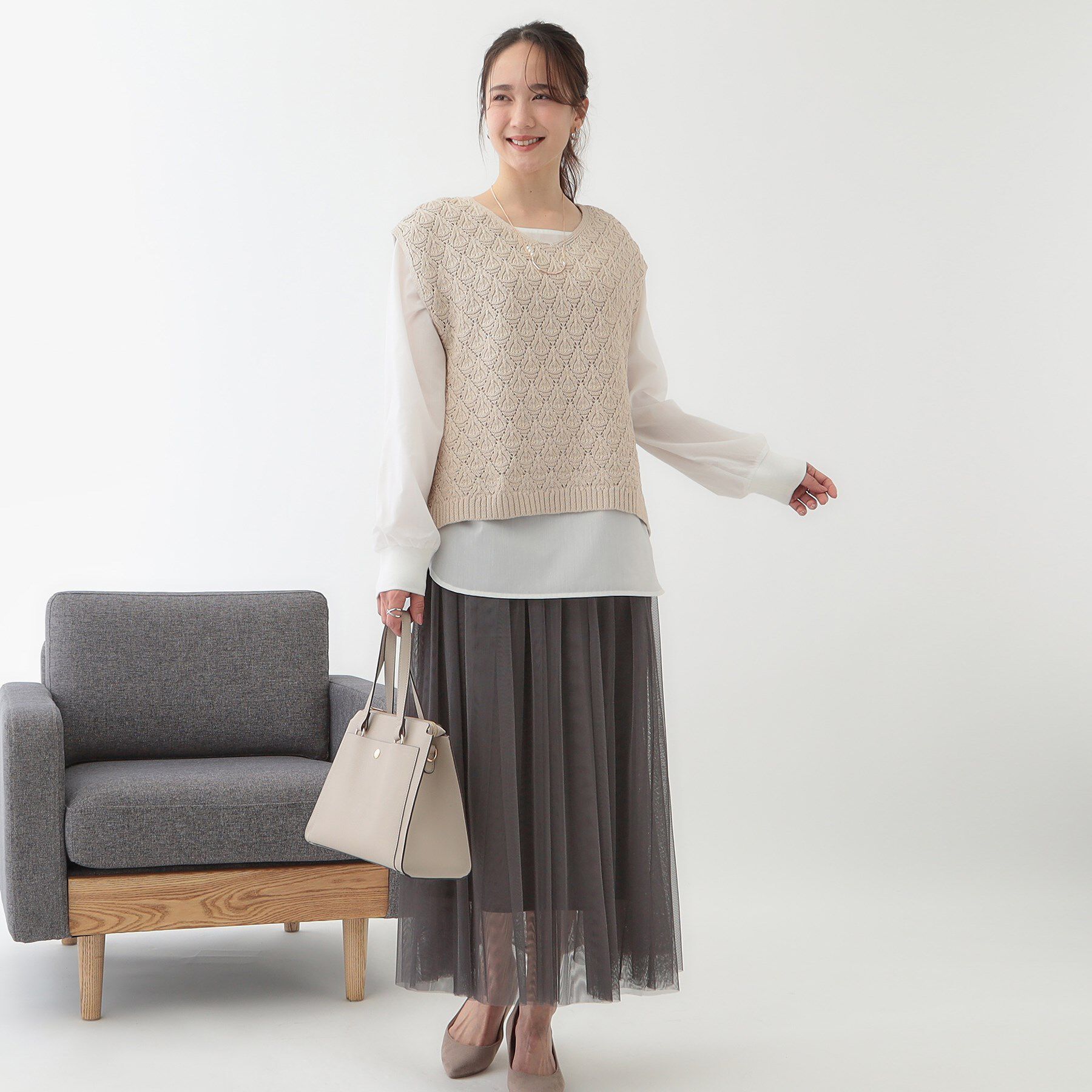 SHOO･LA･RUE「【洗える/S-LL/2点セット】透かし柄ベスト+ブラウス」|ニット・セーター|