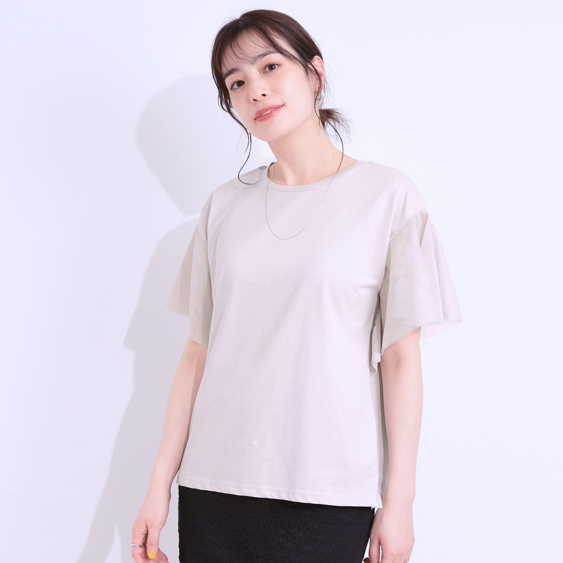 SHOO･LA･RUE「【S-LL/ひんやり】大人フェミニンに お袖チュール フリルトップス」|Tシャツ・カットソー|