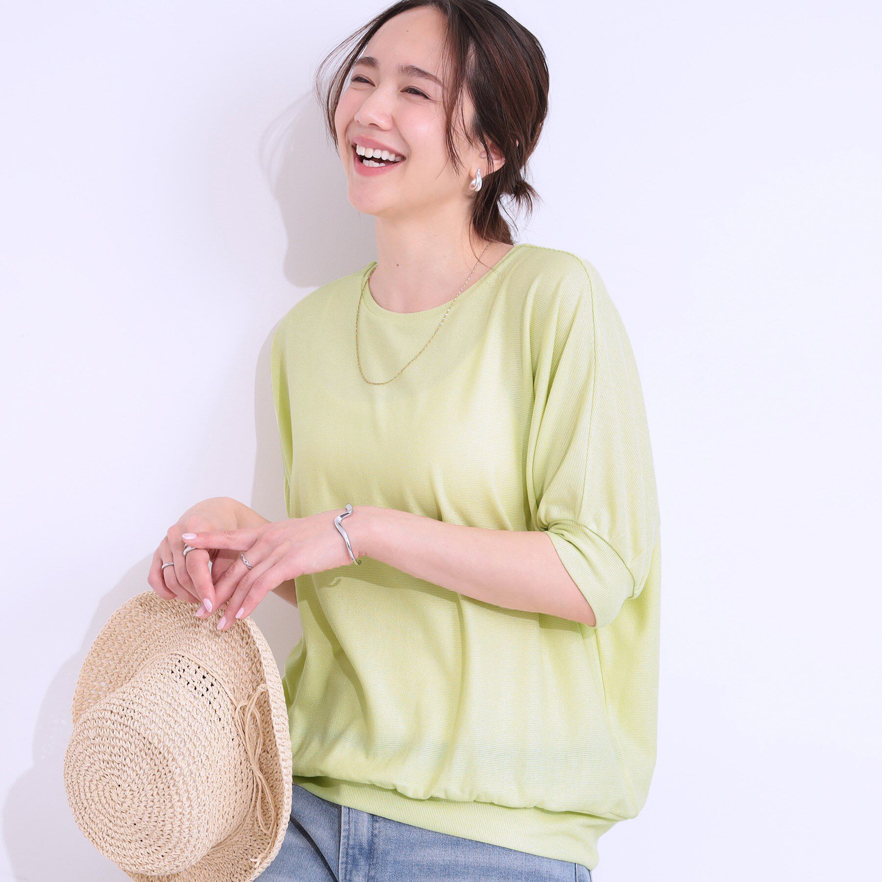 SHOO･LA･RUE「【ひんやり/UV】ほんのりラメで大人上品 お袖リブ ドルマントップス」|Tシャツ・カットソー|イエロー(031)