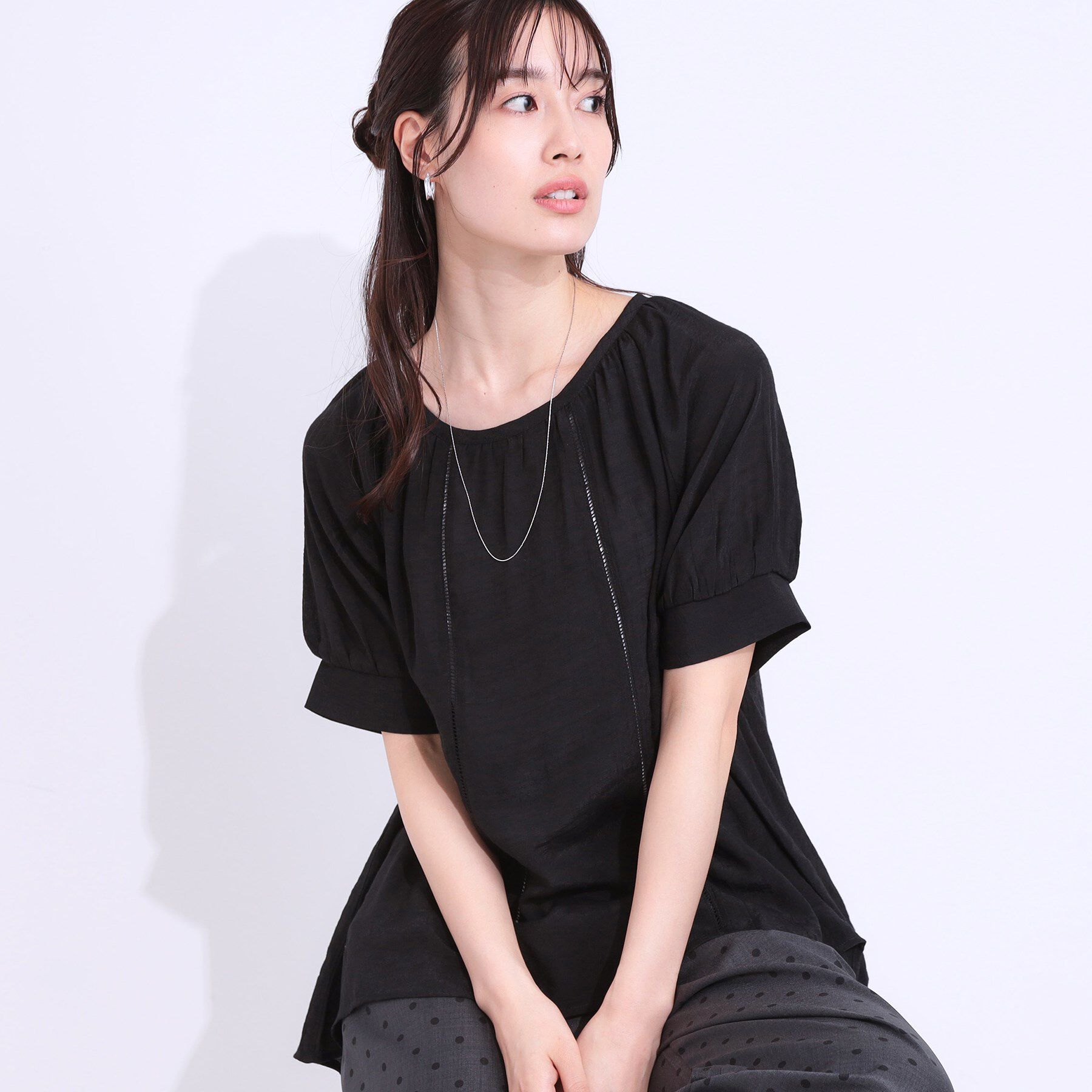 SHOO･LA･RUE「【S-LL/2点セット】インせず着られる はしごレース5分袖ブラウス」|シャツ・ブラウス|ブラック(019)