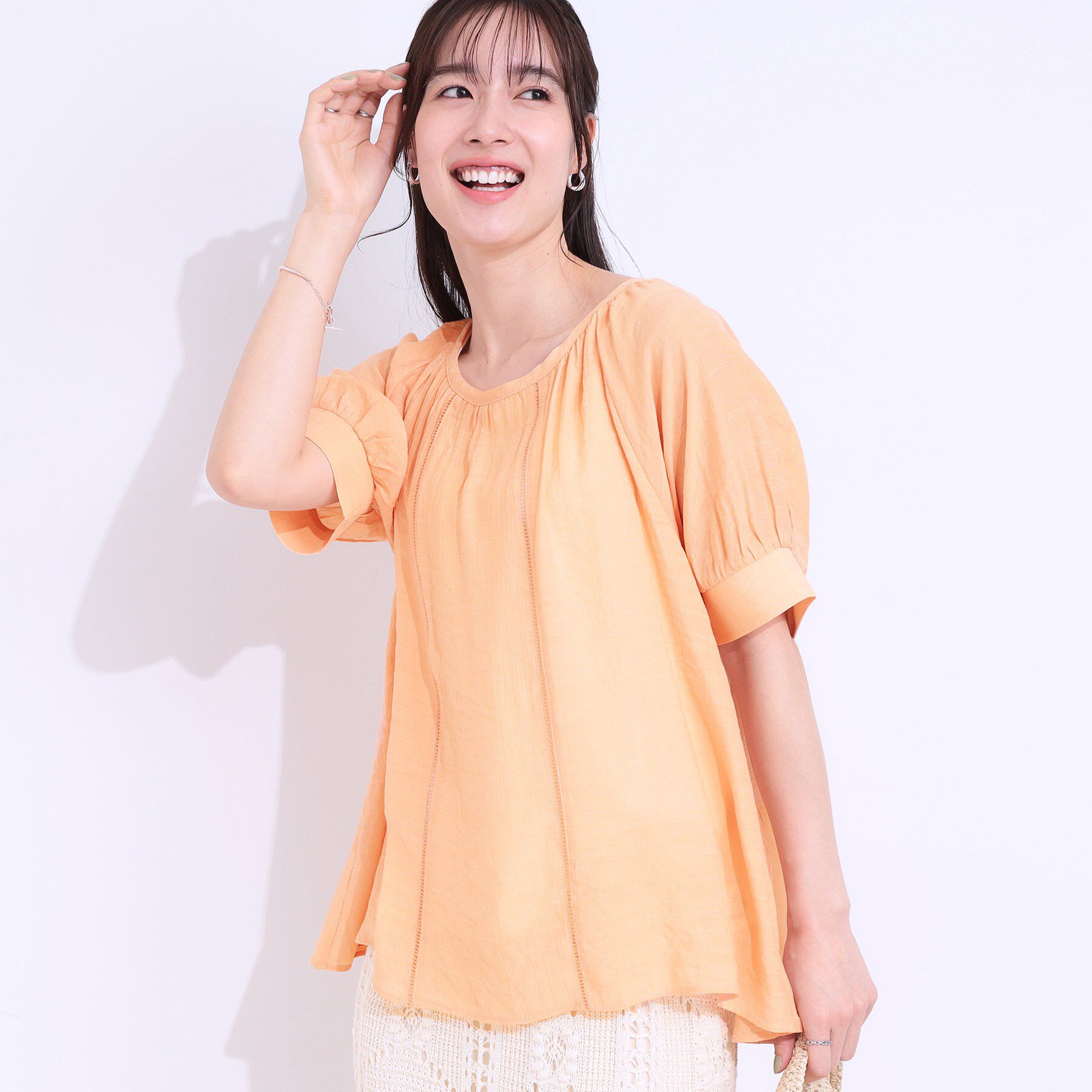 SHOO･LA･RUE「【S-LL/2点セット】インせず着られる はしごレース5分袖ブラウス」|シャツ・ブラウス|オレンジ(066)