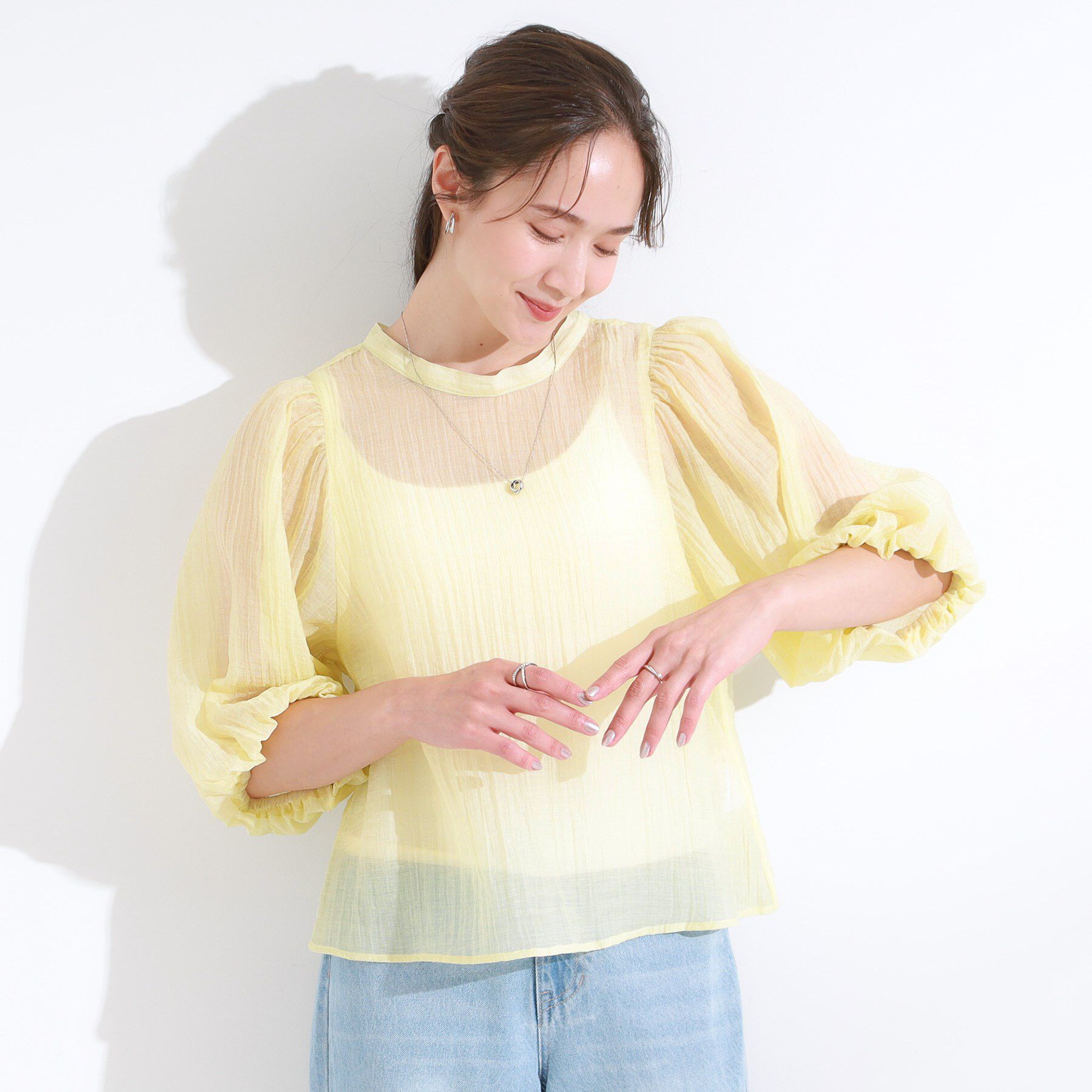 SHOO･LA･RUE「【S-LL/前後2WAY】バルーンスリーブが華やか こなれ見えシアーブラウス」|シャツ・ブラウス|