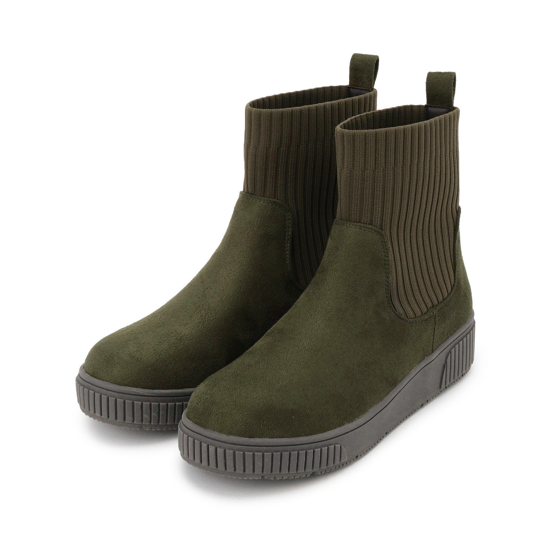 SHOO･LA･RUE「【撥水/低反発クッション】すっぽりラクラク はきぐちニットブーツ」|ショートブーツ|カーキ(827)